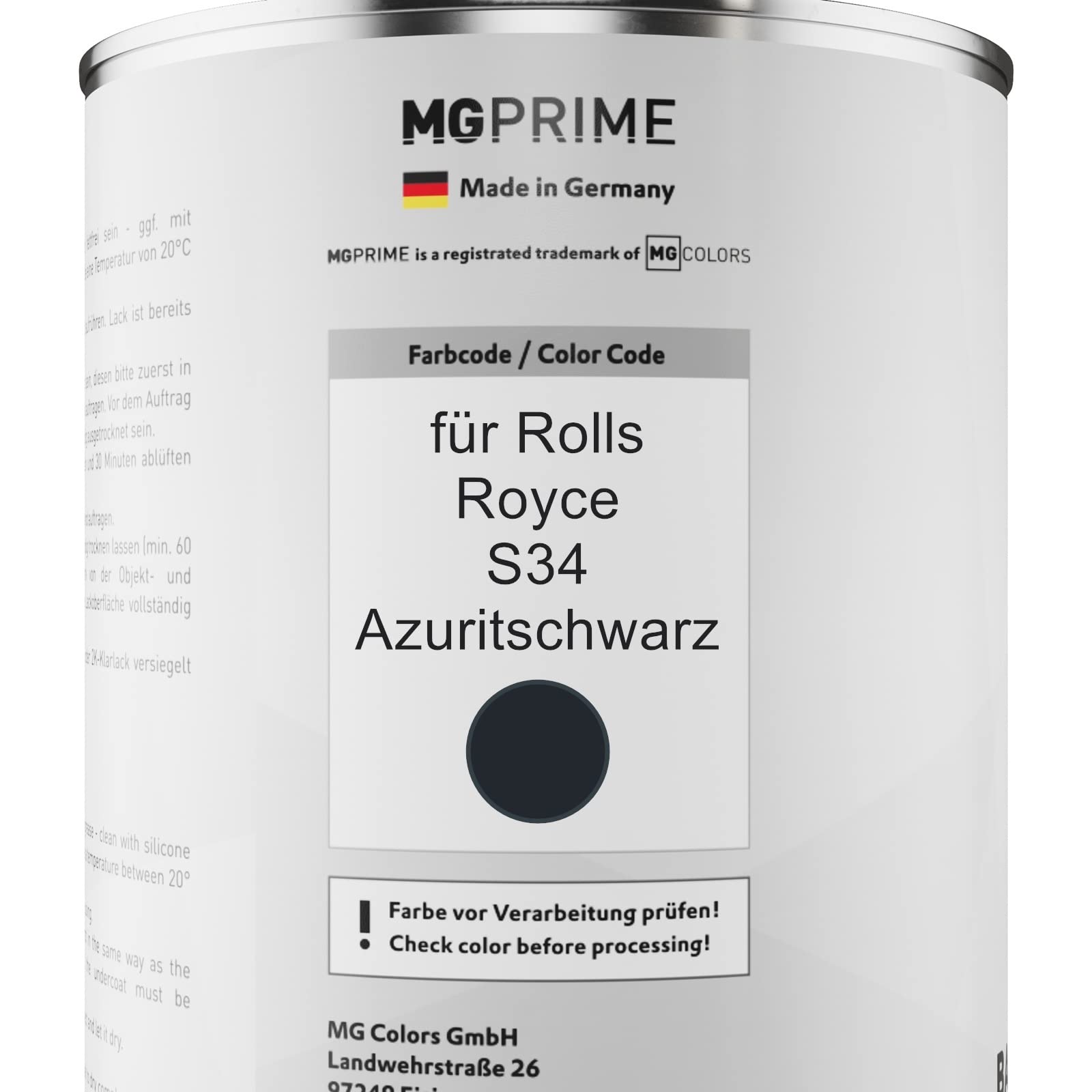 MG PRIME Lakier samochodowy Zestaw puszek dla Rolls Royce S34 Azuritschwarz Lakier bazowy 2K Utwardzacz do lakieru bezbarwnego gotowy do natrysku 2,5L