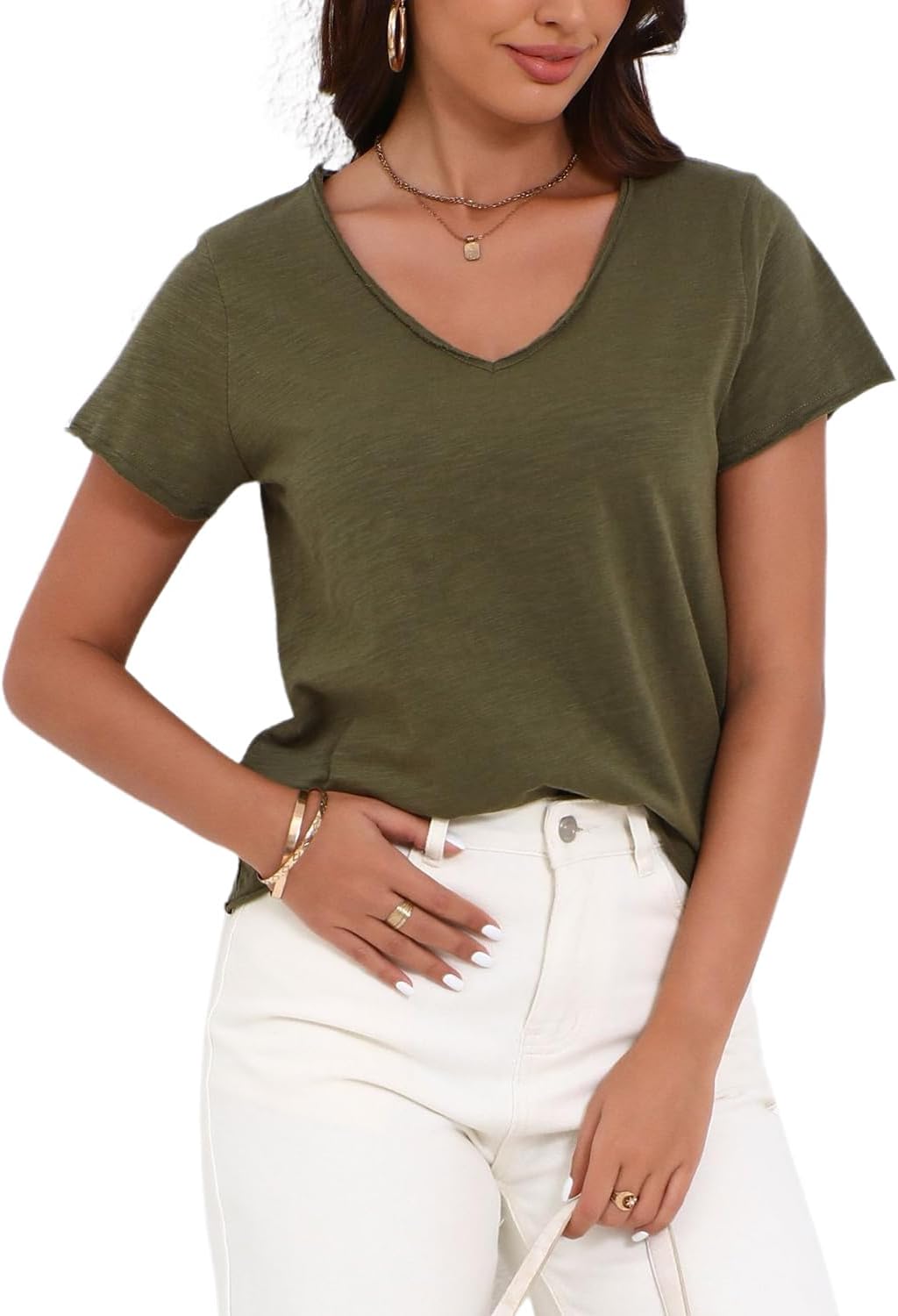 Inadays Womens Slub Cotton T Shirts Short Sleeve V-Neck Raw Hem Summer Tops Loose Fit Tee Basic Clothes Fashion Outfits