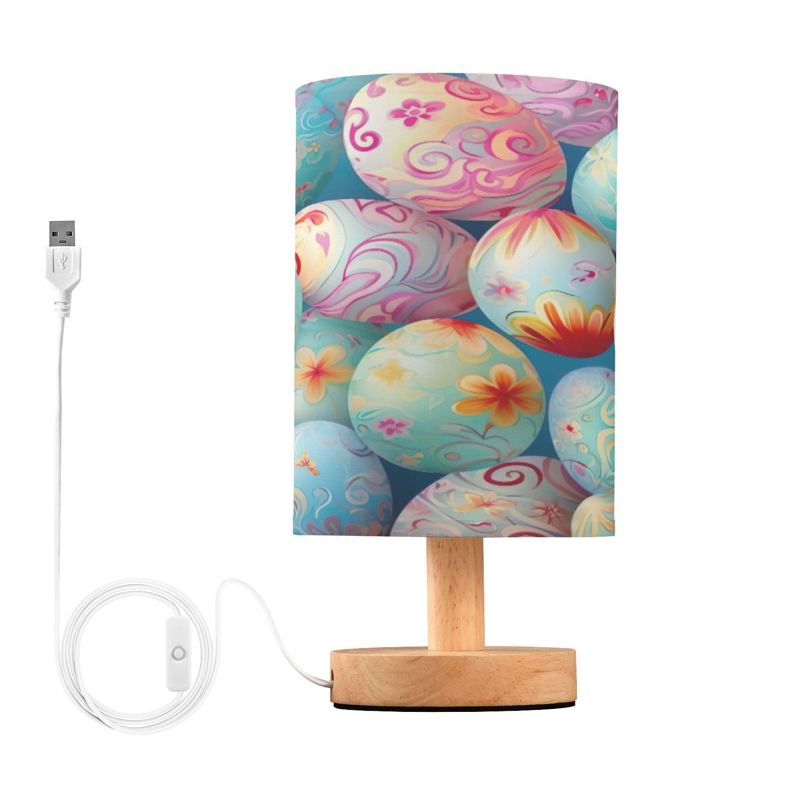 SDMKA Easter Eggs Pattern Bedside Table Lamp for Bedroom, Minimalist Nightstand Lamp with Round Fabric Shade for Living Room, Office, No Bulb Required