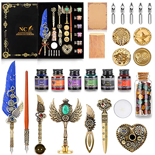 NC Quill & Feather Calligraphy Pen Set, Wax Seal Stamp - Valentine's & Birthday Gift, Ideal for Various Holidays (Blue)