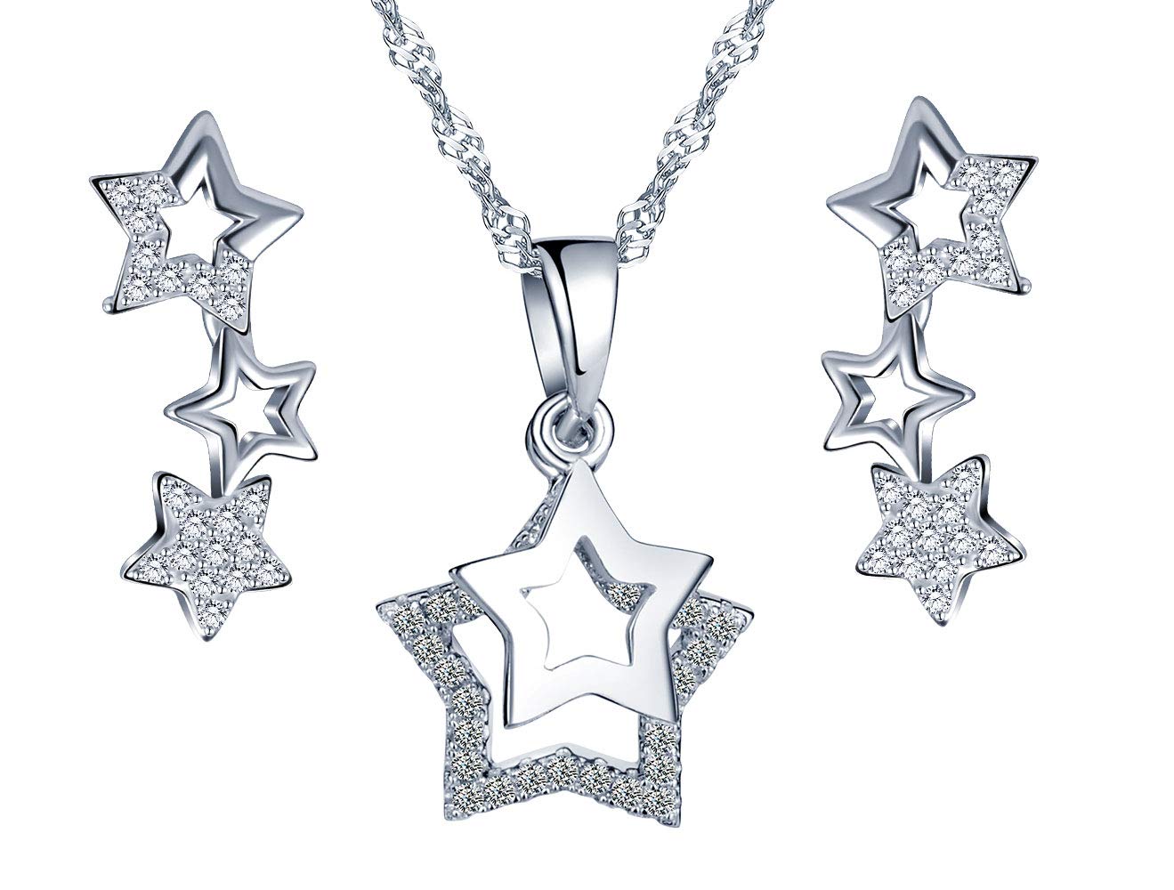 Yumilok Collar de plata esterlina 925, colgante para niña mujer, anillo de oreja de estrella de diamante, decorado con circonita cúbica, juegos de joyas, plata, regalo de cumpleaños de Navidad