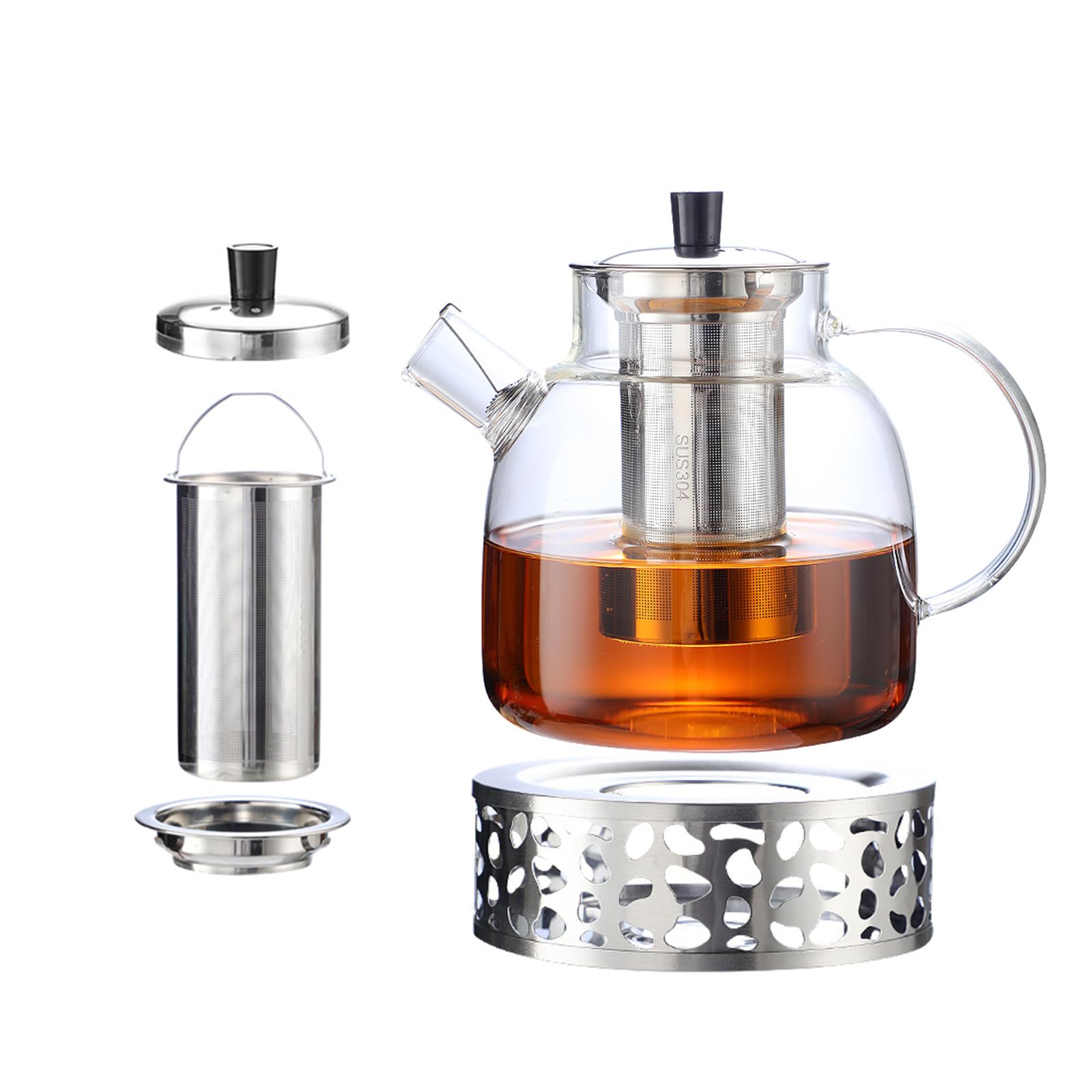 1500ml Vetro Borosilicato Grande teiera, teiera con rimovibile Infusore e Scaldino, mantiene caldo a lungo, lavabile in lavastoviglie