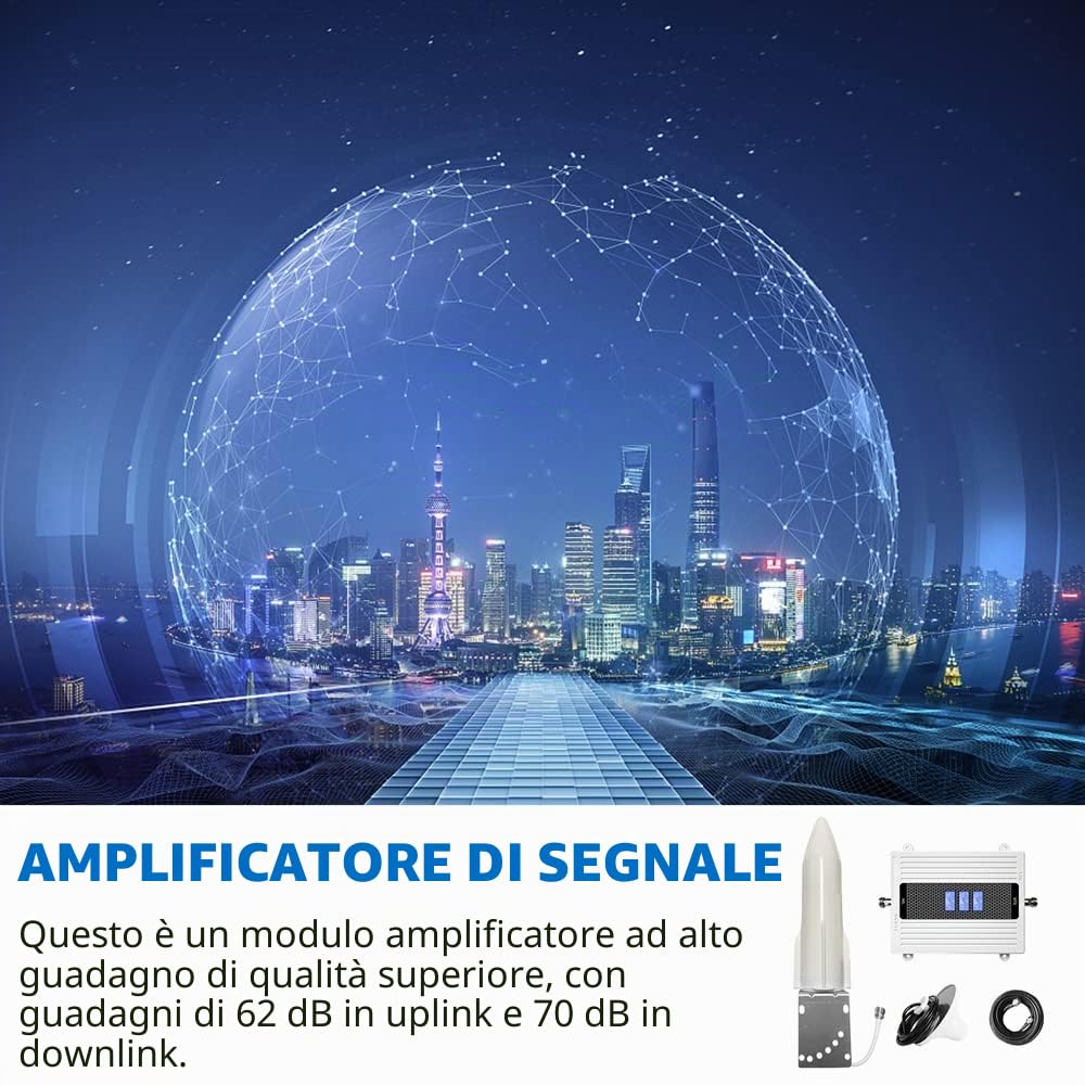 Weytoll Amplificatore Segnale Cellulare 4G 3G 2G LTE (8900/1800/2100), Amplificatore di segnale a banda trifrequenza 70dB alti guadagni