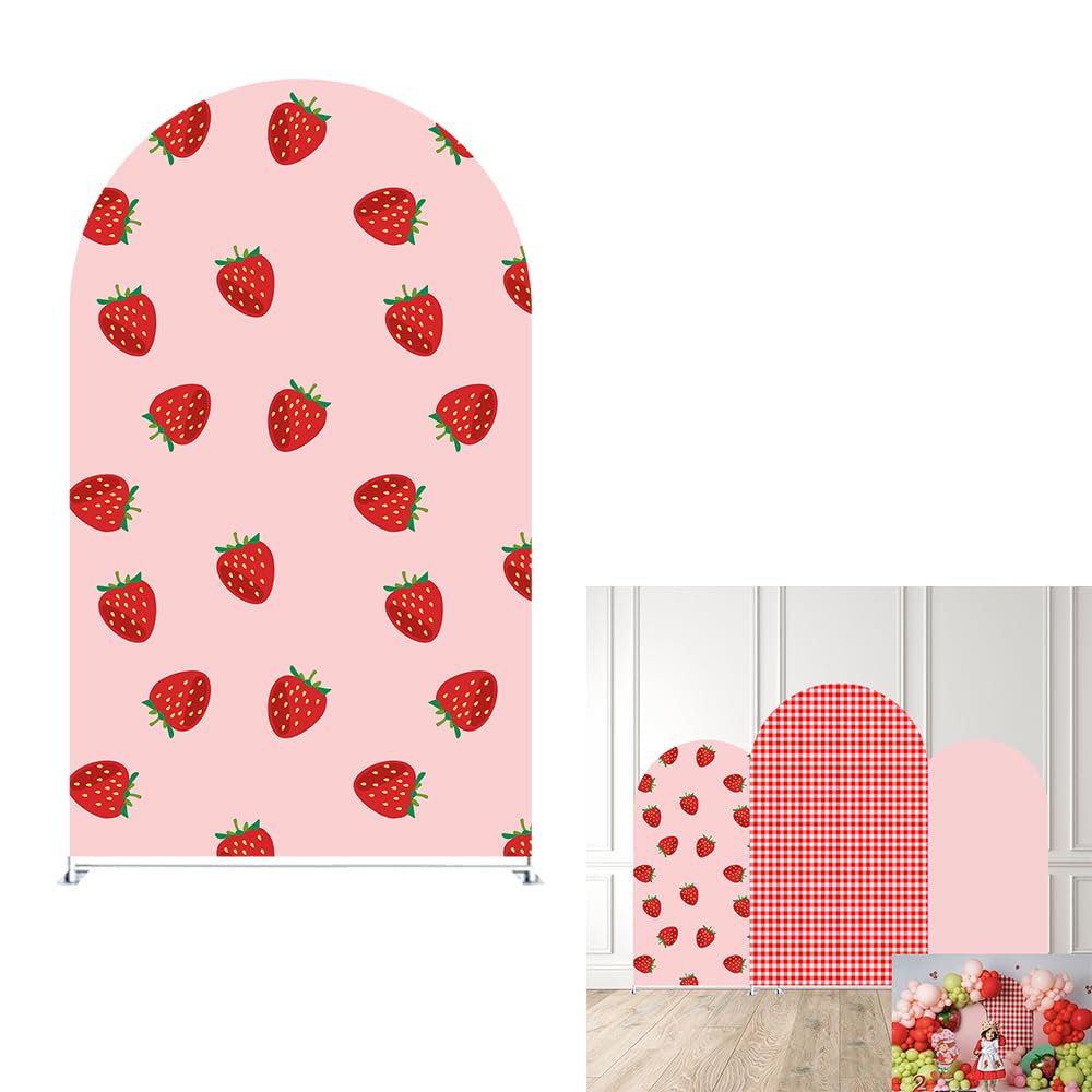 Red Plaids Sweet Strawberries Arch Backdrop Cover Double-Sided Arch Stretchy Cover Berry First Pink Birthday Party Girls Baby Shower Parties Decors (
