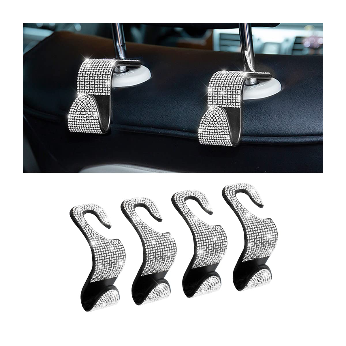 CGEAMDY 4PCS Crystal Bling Rhinestone Cars Back Seat Headrest Hooks, Car Headrest Hook Diamond Hanger with Rhinestones and Diamonds, Bling Cars Headrest Hangers Auto Back Universal(White)