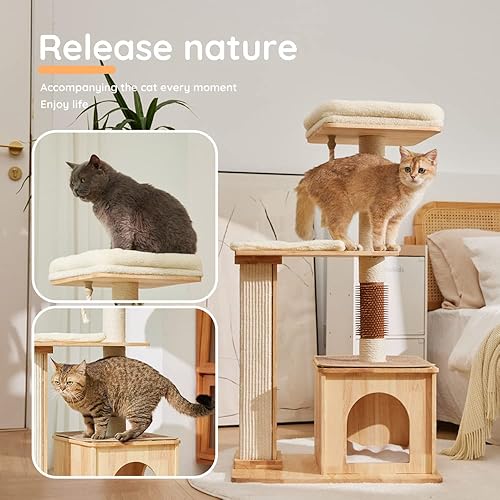Miniatura 6 de Moderno árbol de madera para gatos grandes y pequeños, torre de madera maciza natural para gatos con poste rascador de sisal natural, cosquillas
