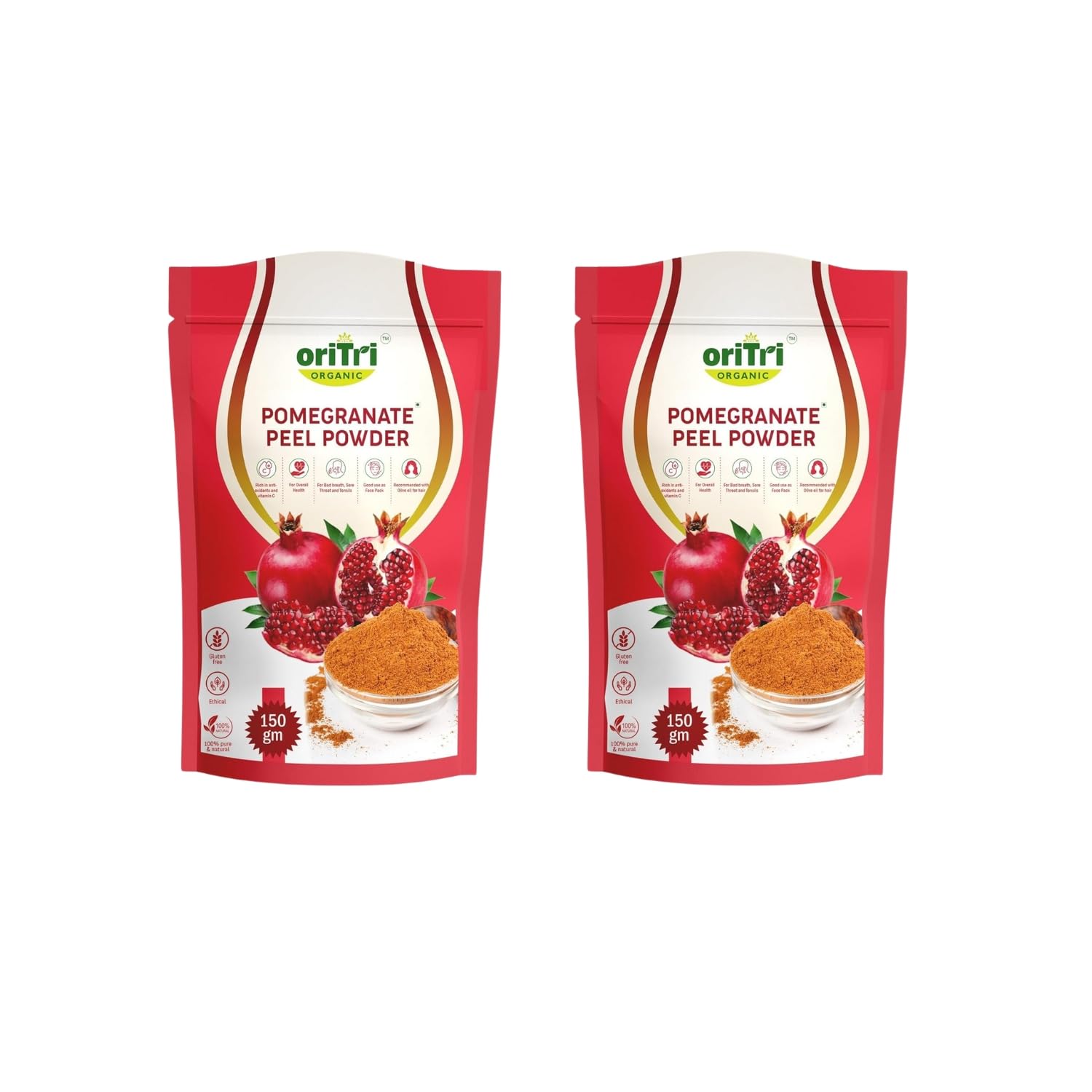 Oritri Organic Pomegranate Peel Powder 150 Grams Rich in Antioxidants, For Skin Brightening, Acne & Hair Fall Care, Supports Immunity & Diabetes Management (Pack of 2)
