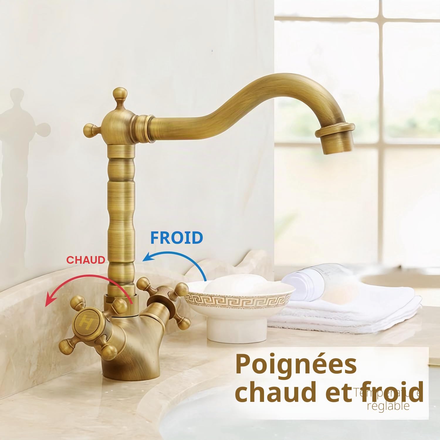 Robinet Cuisine Évier en Laiton Antique, Rétro Mitigeur Lavab | Vintage mélangeur monocommande à deux poignées, pivotant à 360°, cartouche céramique, pour cuisine et salle de bain