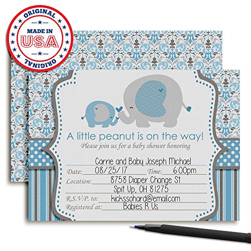 Blue Elephant Baby Shower Invitations, 20 5"X7" Fill In Cards With Twenty White Envelopes By Amandacreation #TOP2