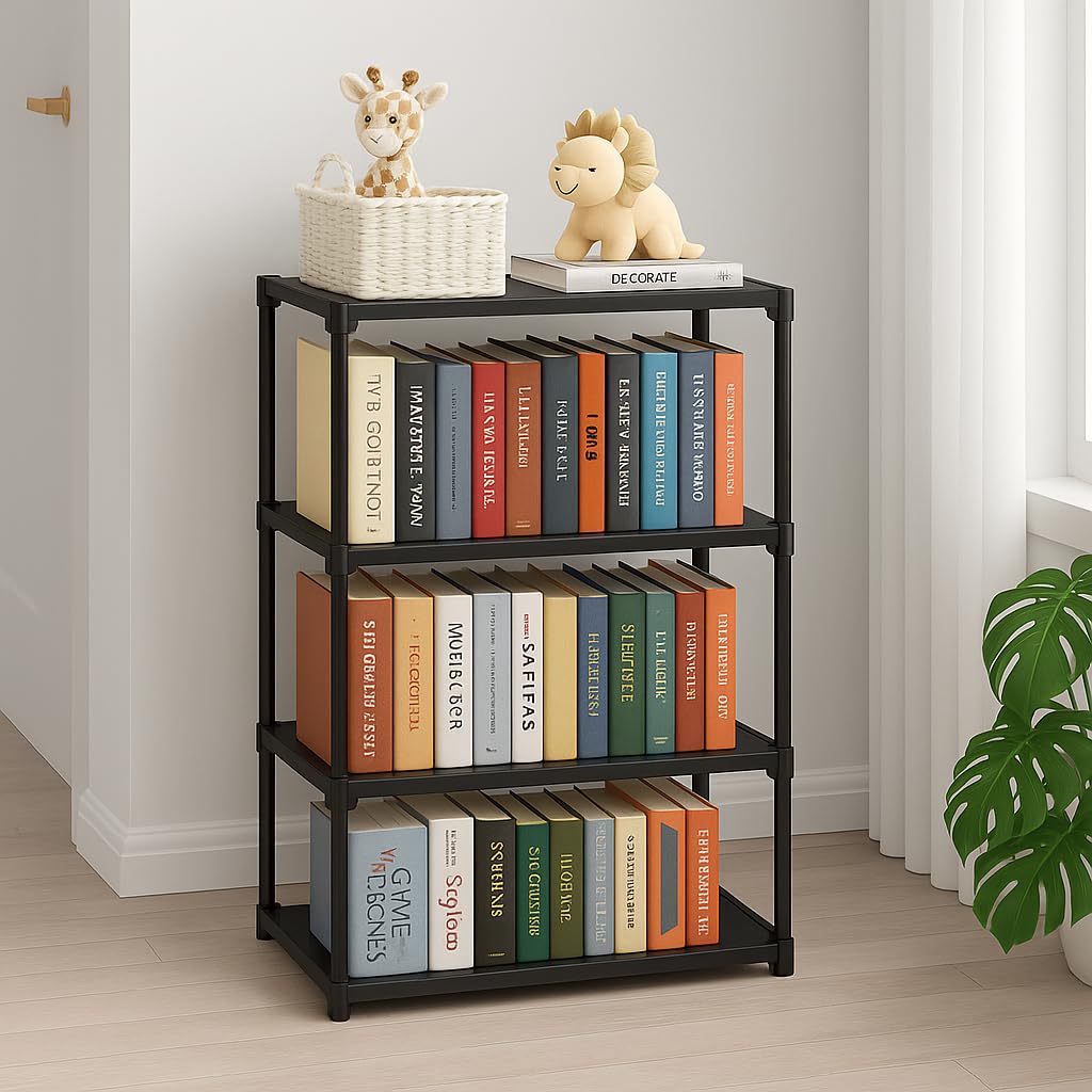 SUBEKYU Plastic Book Shelf for Home, Portable Books Rack Storage Organizer for Bedroom & Study Room, Keep Cloth Holder Space Saver, 4 Tier Shelf, 1 Pack-image-17