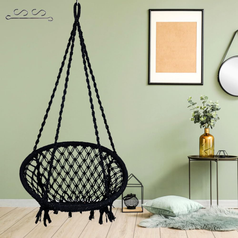 Patiofy Swing For Adults For Home/Swing For Adults/Jhula For Adults/Wooden Swing For Living Room/Swing For Balcony/Cotton Round Hammock Hanging Swing Chair With Hanging Kit Black, 66 Cm, 45 Cm, 148 Cm