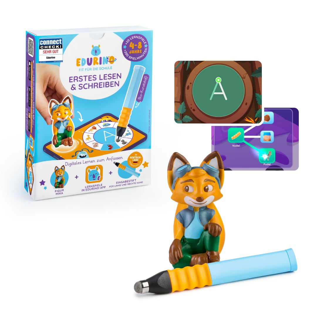 Edurino Starterset Mika Erstes Lesen & Schreiben (Stufe 1) ab 4 inkl. Eingabestift | Innovatives und digitales Lernspiel | Spielerisches Lernen von Buchstaben, Silben & Reimen