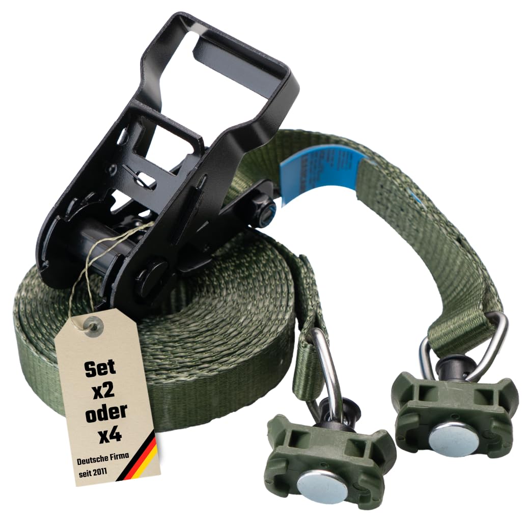 Set di 2 cinghie di ancoraggio a cricchetto per binari aerei, 25 mm, LC 500 daN, STF 200 daN, cricchetto nero di alta qualità, raccordi terminali per binario aereo, estremità smussata (2