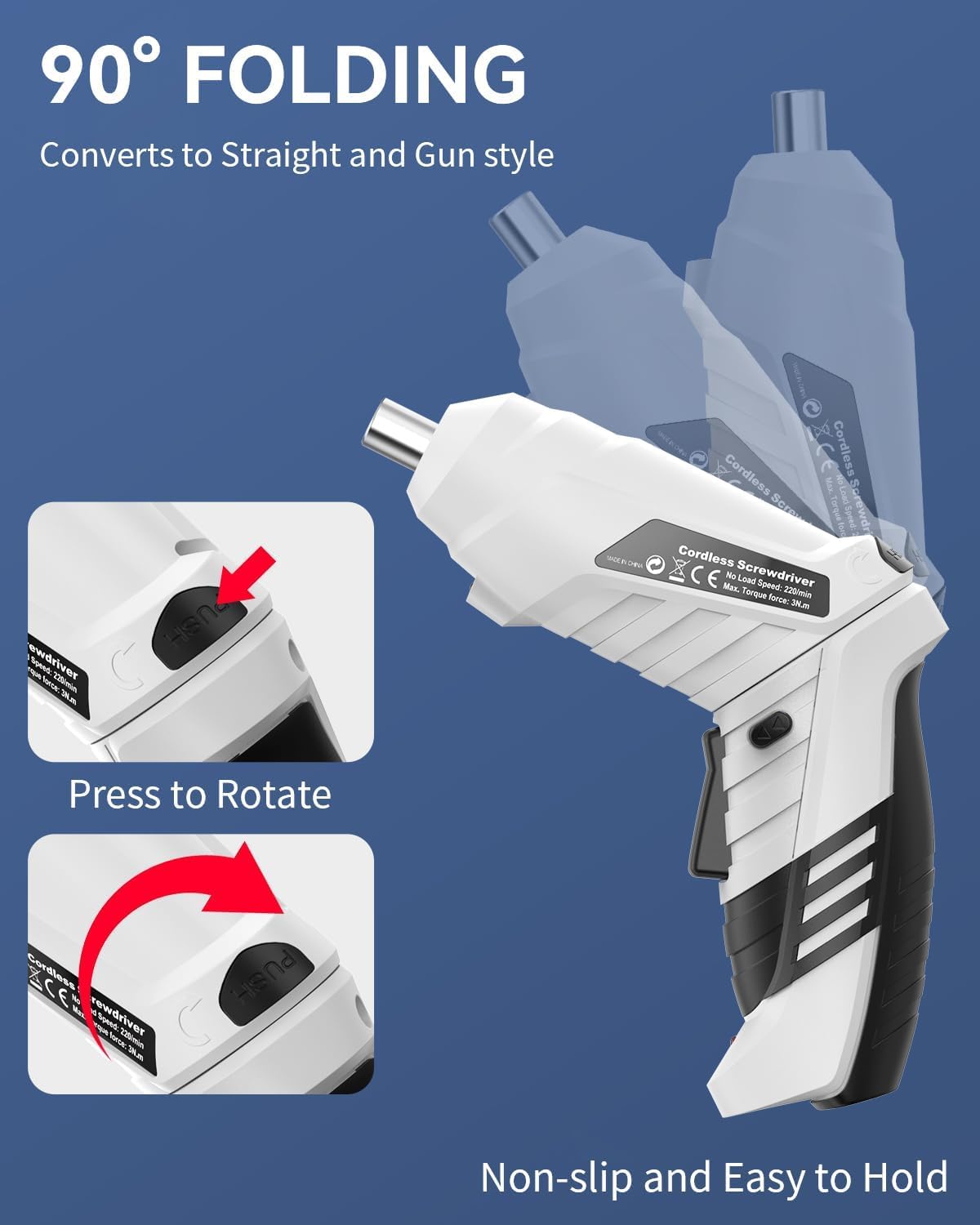 SHAVINGFUN Atornillador,Destornillador Eléctrico, Baterías con 47 Accesorios,Velocidad Máxima 180 RPM,Cargador USB 1300mAh y Mango Regulable en 2 Posiciones,LED,Caja Compacta