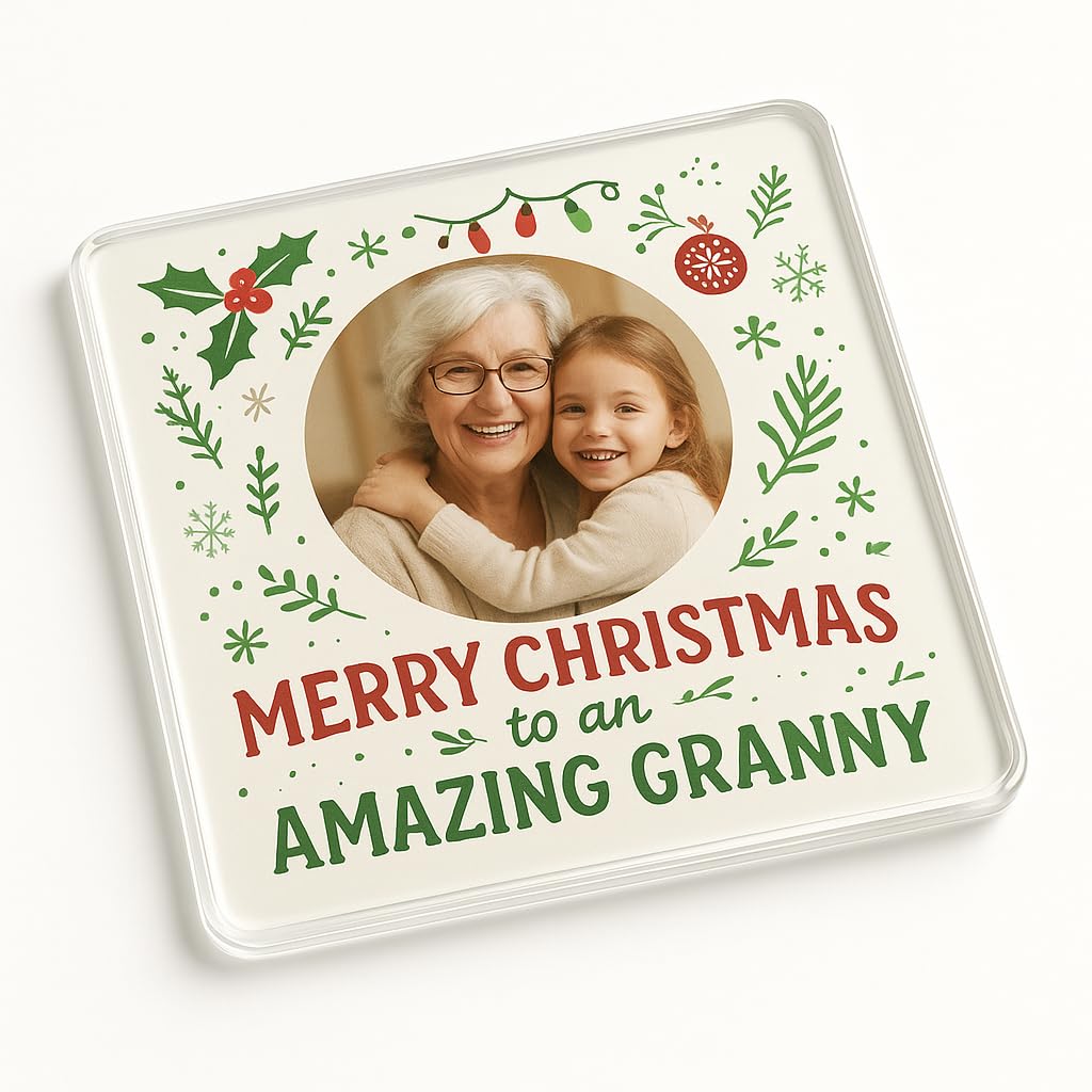 The Plum Penguin Grannys Holiday Joy Acrylic Coaster Gift With Personalised Christmas Photo Frame - Festive Home Decor For Grandmother