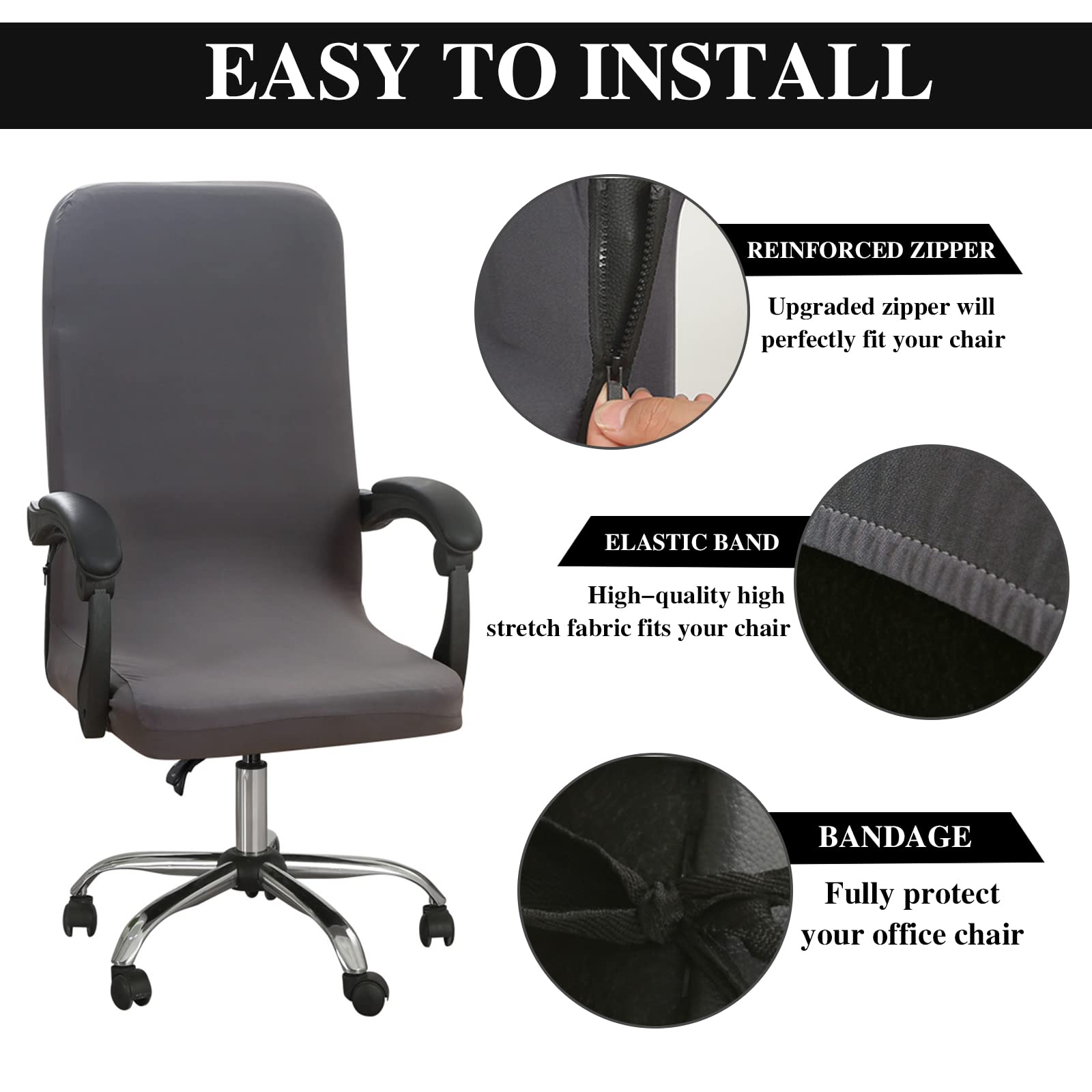 Jaotto Coprisedia Ufficio Elasticizzato, Fodere Coprisedia Girevole Ufficio Universale Lavabile Rimovibile, Coprisedia da Computer con Schienale, Copeture per Sedia da Ufficio(Grigio,Large)