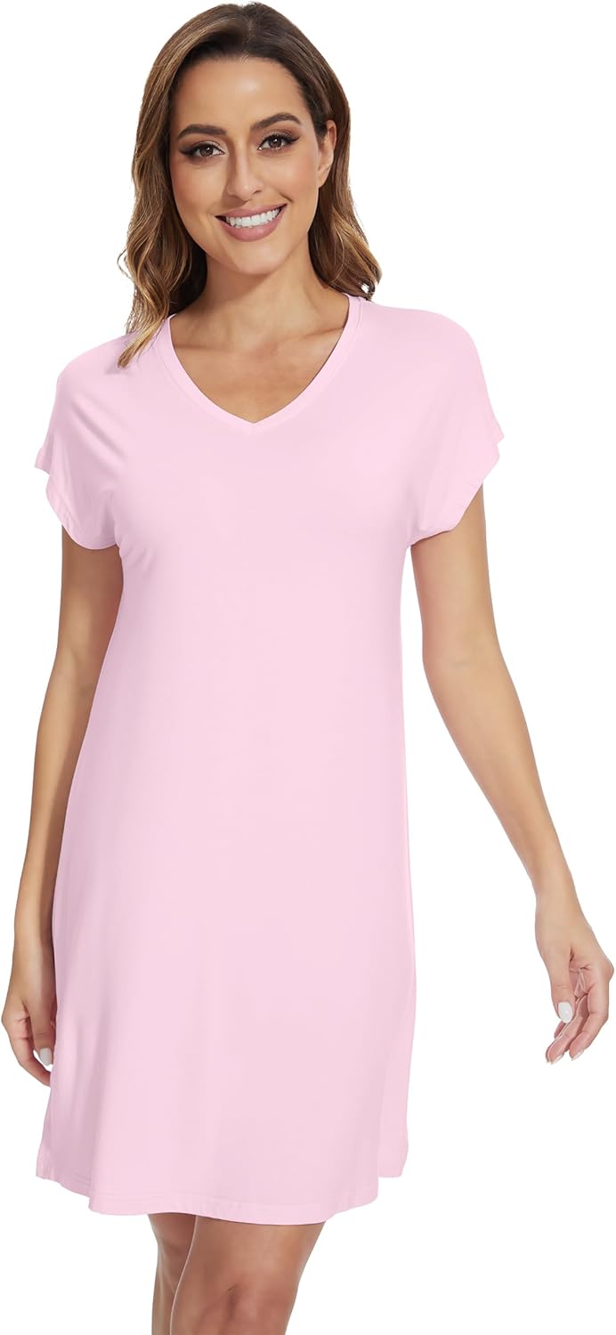 WiWi Nightgowns for Women Short Sleeve Sleepshirt Pajama Shirt Viscose from bamboo Soft Sleep Dress V-neck Nightshirt S-XXL - Image 2