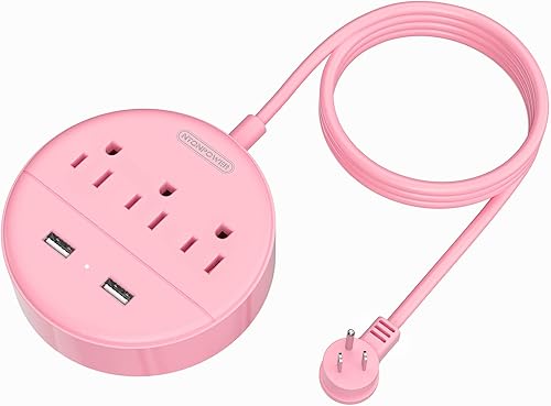 NTONPOWER - Cable de extensión de 10 pies de largo con USB, estación de carga rosa NTONPOWER con 3 tomas de corriente y 2 USB, enchufe plano, NTONPOWER - Cable de extensión de 10 pies de largo con USB, estación de carga rosa NTONPOWER con 3 tomas de corriente y 2 USB, enchufe plano,