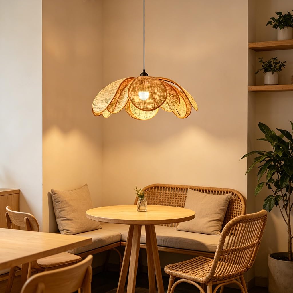 E27 Pendelleuchte Aus Japanischem Rattan Handgewebt, Blütenförmig Im Bohemian-Stil Höhenverstellbare Natürliche Dekobeleuchtung Für Kücheninsel Wohnzimmer Esszimmer Flur Restaurant
