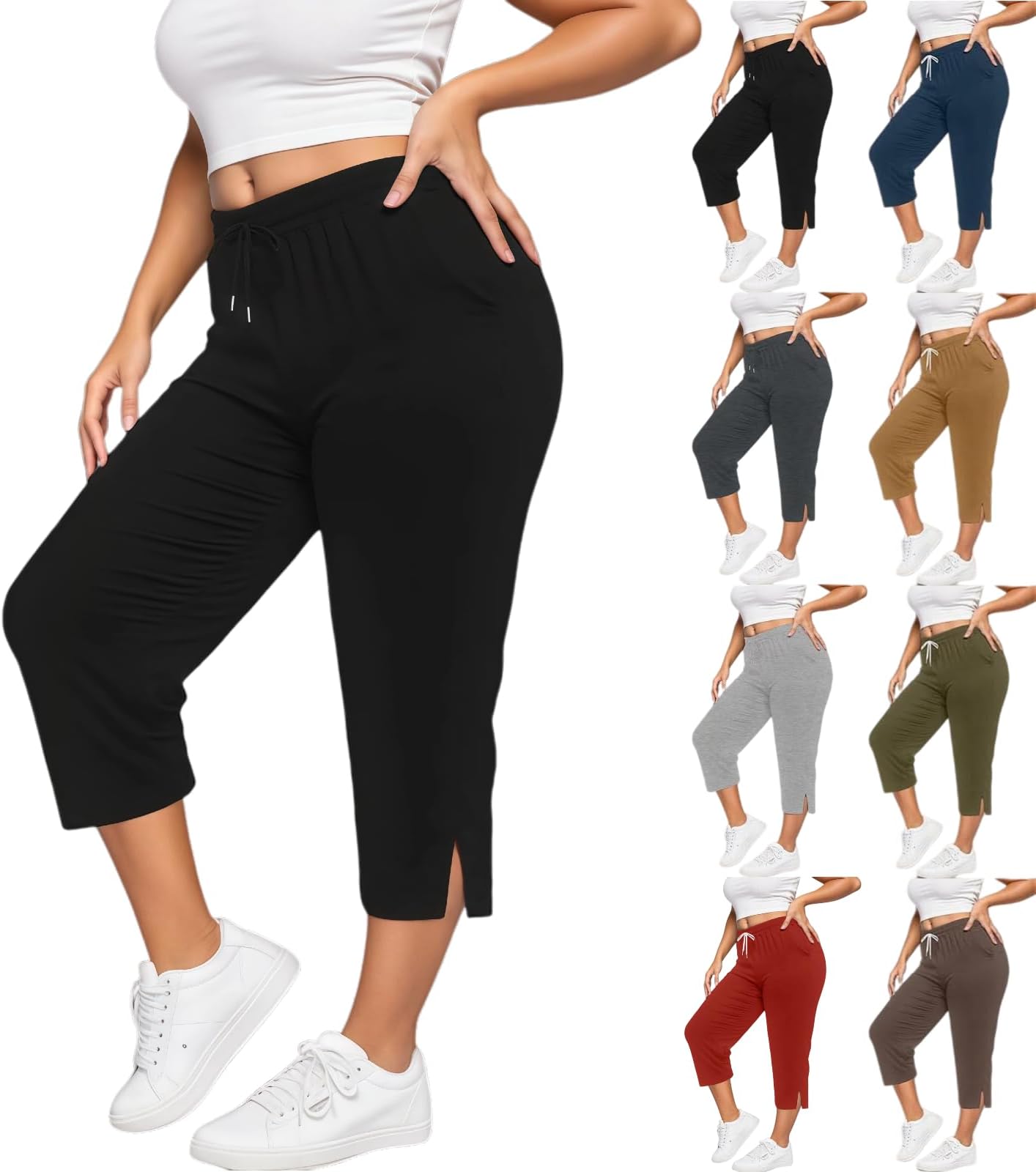 Capri Pants for Women Plus Size Casual Drawstring Elastic Waist Loose Fit Yoga Sweatpants with Pockets Activewear