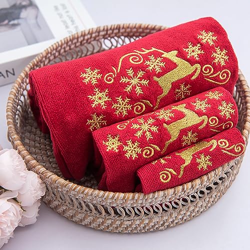 Marina Decoration Xmas Premium Luxury Decor Ultra Soft 100% Cotton Embroidered Bathroom Modern Christmas 3 Piece Towel Set, Gold Deer and Snowflake with Red Base Pattern