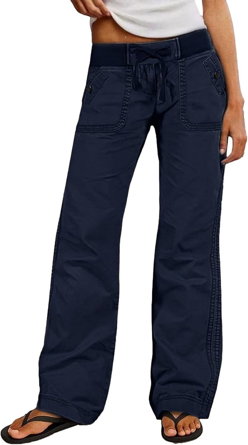 Flamingals Straight Leg Pants for Women Drawstring Waist Mid Rise Casual Solid Seam Detail Pants