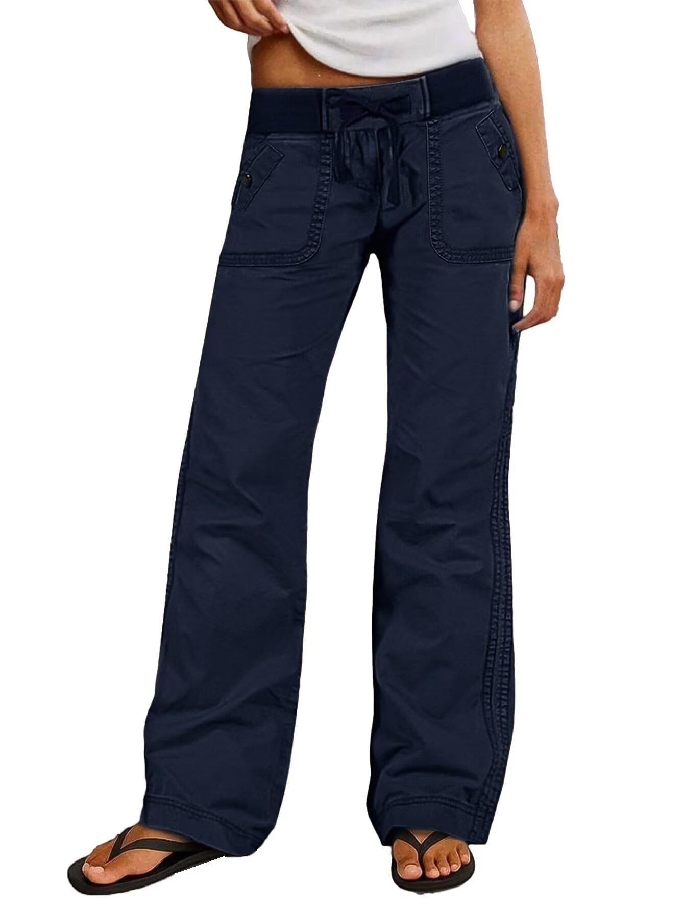 Photo 1 of Flamingals Straight Leg Pants for Women Drawstring Waist Mid Rise Casual Solid Seam Detail Pant Dark Blue S