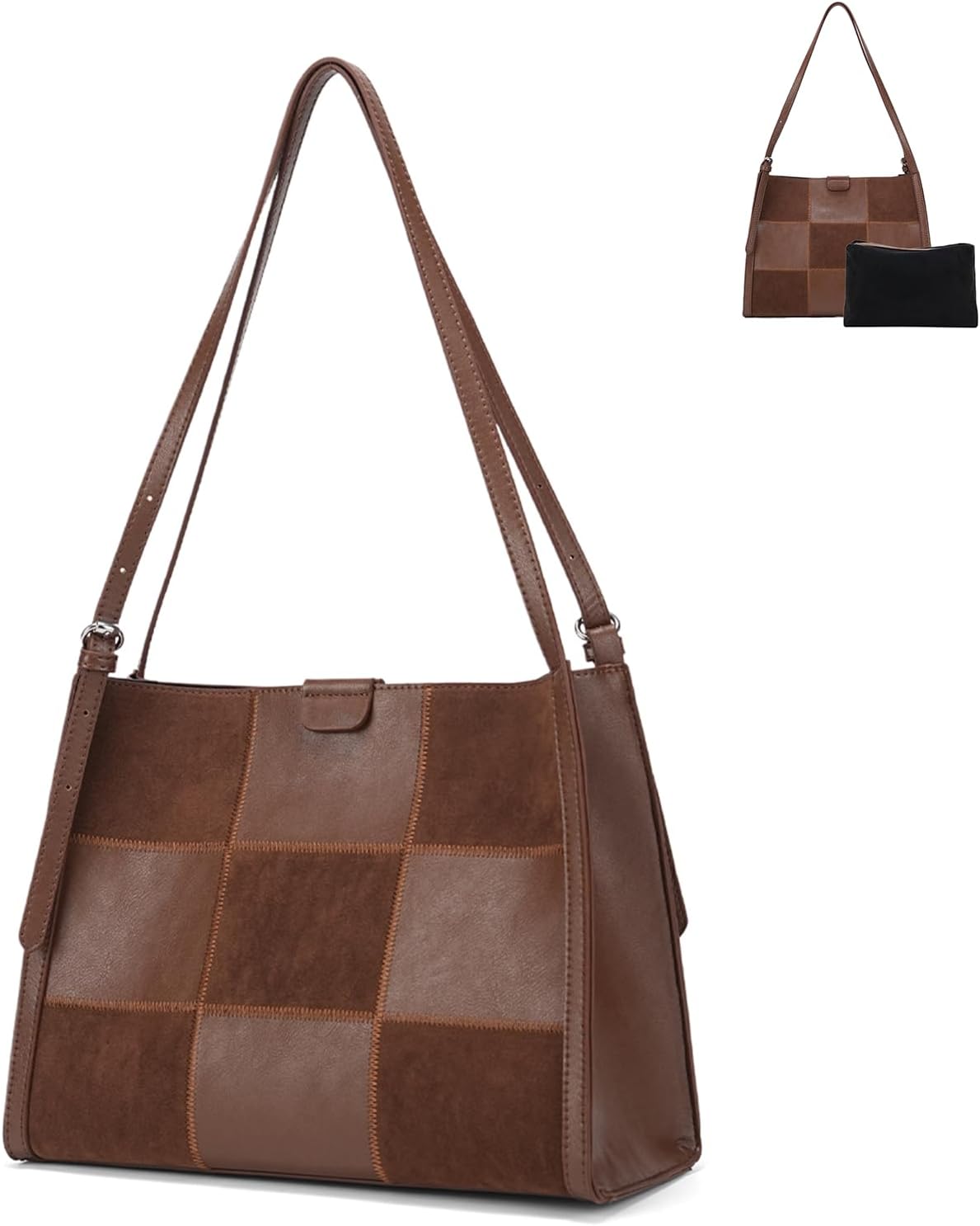 Medium Shoulder Bag for Women Vegan Leather Colorblock Purse Vintage Boho with Inner Bag & Adjustable Strap
