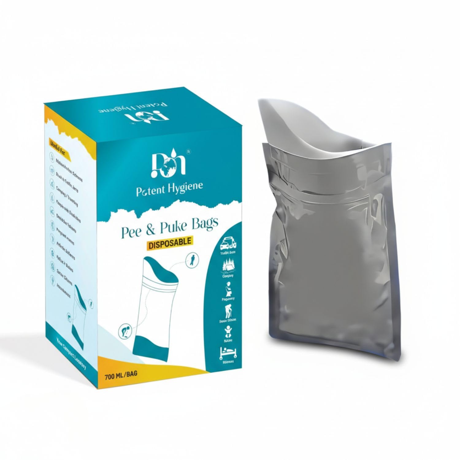 Potent Hygiene Emergency Disposable 7 Urine and Vomit Bags for Camping, Travel, Traffic Jams, Elderly Incontinence, Pregnant Women, Children, Hospitalised Patients (7 Bags per Pack)