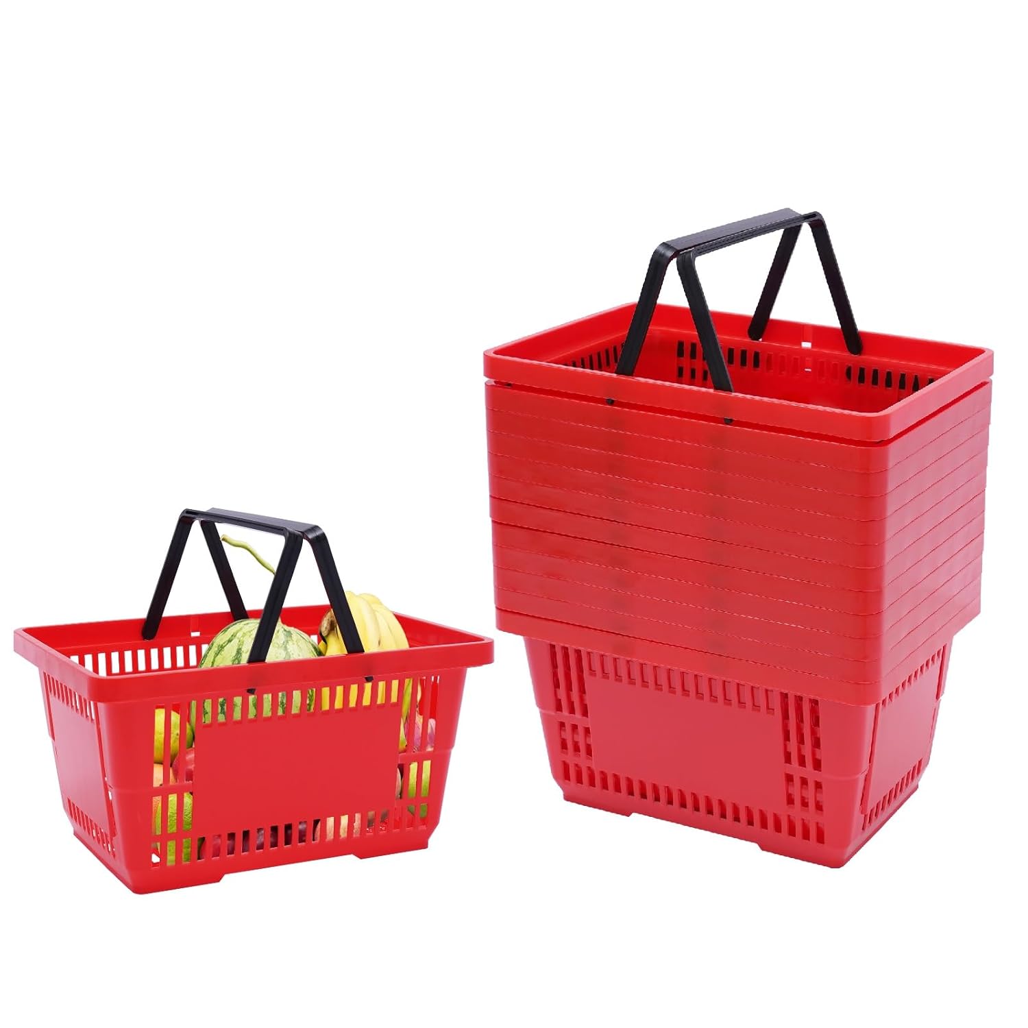 12PCS Shopping Baskets, 18L Plastic Grocery Basket with Handles, Stackable Shopping Cart, Portable Red Basket for Grocery, Retail Stores, Supermarkets (Red)