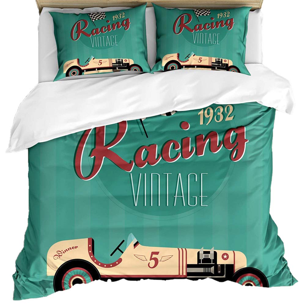 Loussiesd Car Comforter Cover Set Single for Kids Boys Classic Vintage Automobile Duvet Cover Nostalgia Bedding Set 3D Car Bedspread Cover with 1 Pillow Shams Retro Bed Cover Zipper Closure Boys