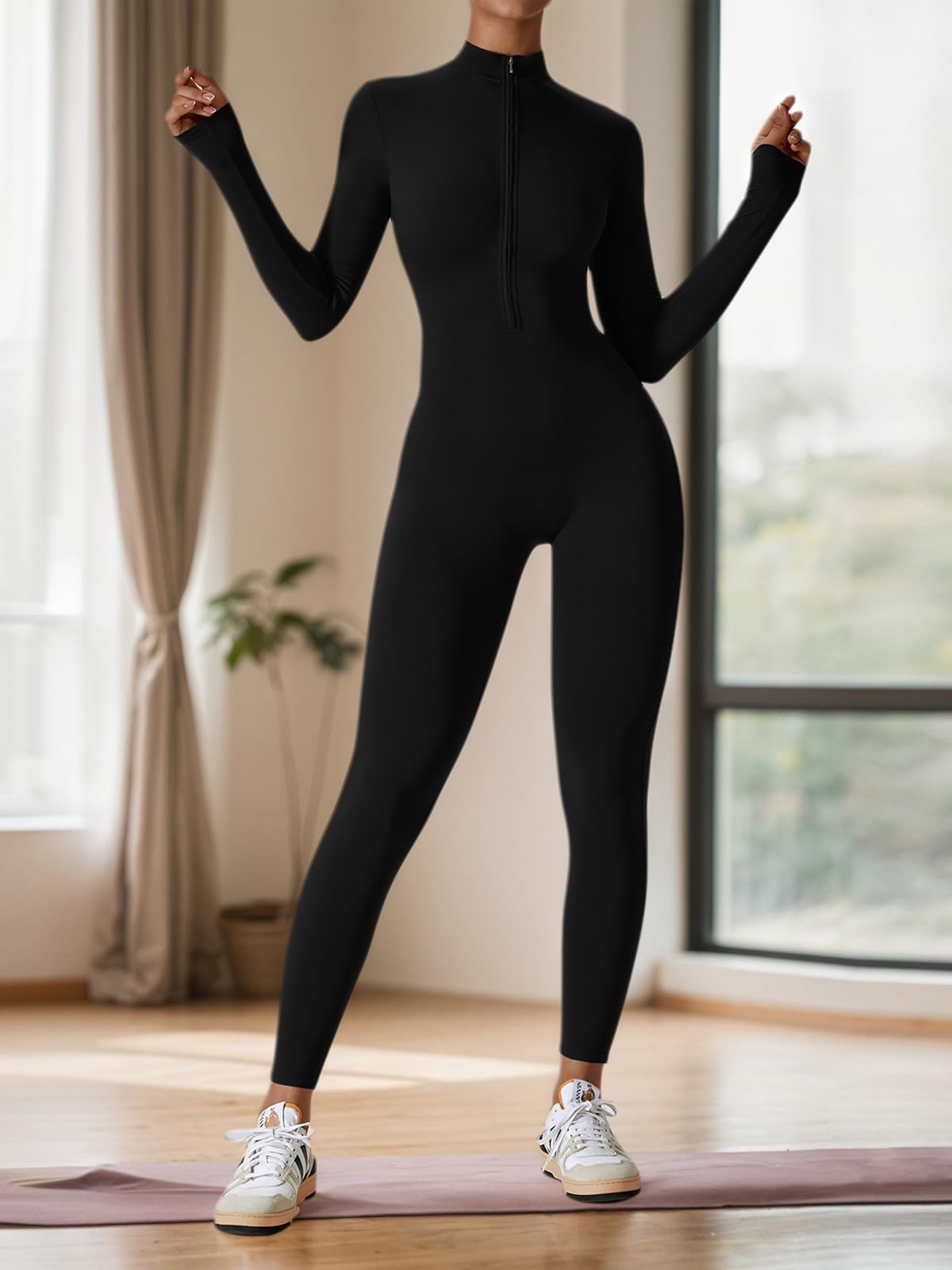 Ecupper Jumpsuits Damen Yoga Bodycon Einteiler Zip Up Overall Rompers Langärmelig Workout Outfit
