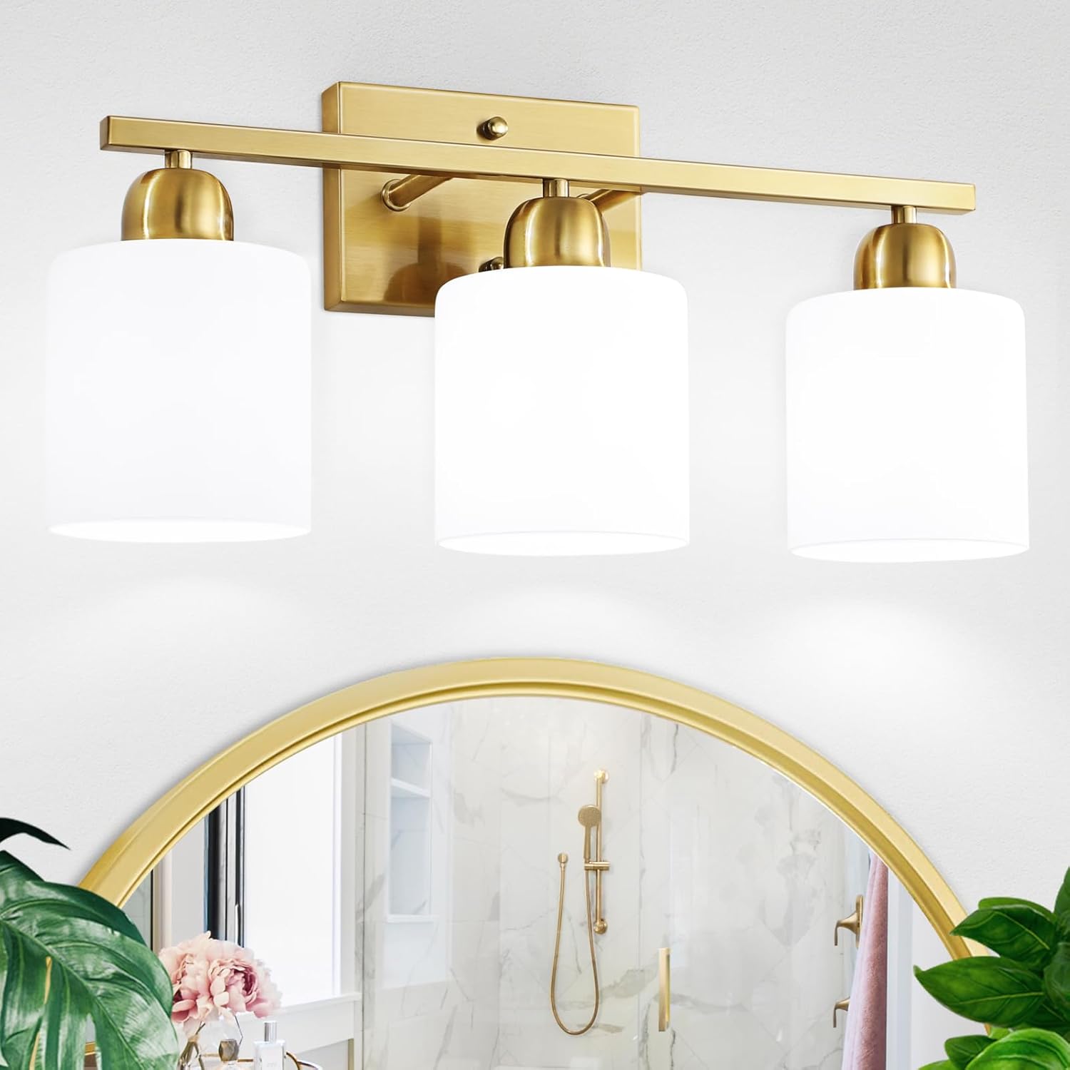 3 Light Gold Bathroom Light Fixtures, Modern Bathroom Vanity Lights with Milky White Frosted Glass Shades, Gold Vanity Mirror with Lights for Mirror Living Room E26 Base 3-Light Gold