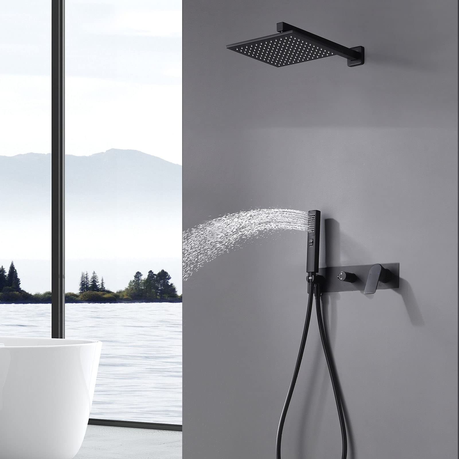 Set Rubinetto Doccia Nero, Sistema a Parete, soffione a Pioggia e doccetta 2 in 1, Miscelatore per Bagno con Maniglia Singola, Ottone, 12 pollici/10 Pollici