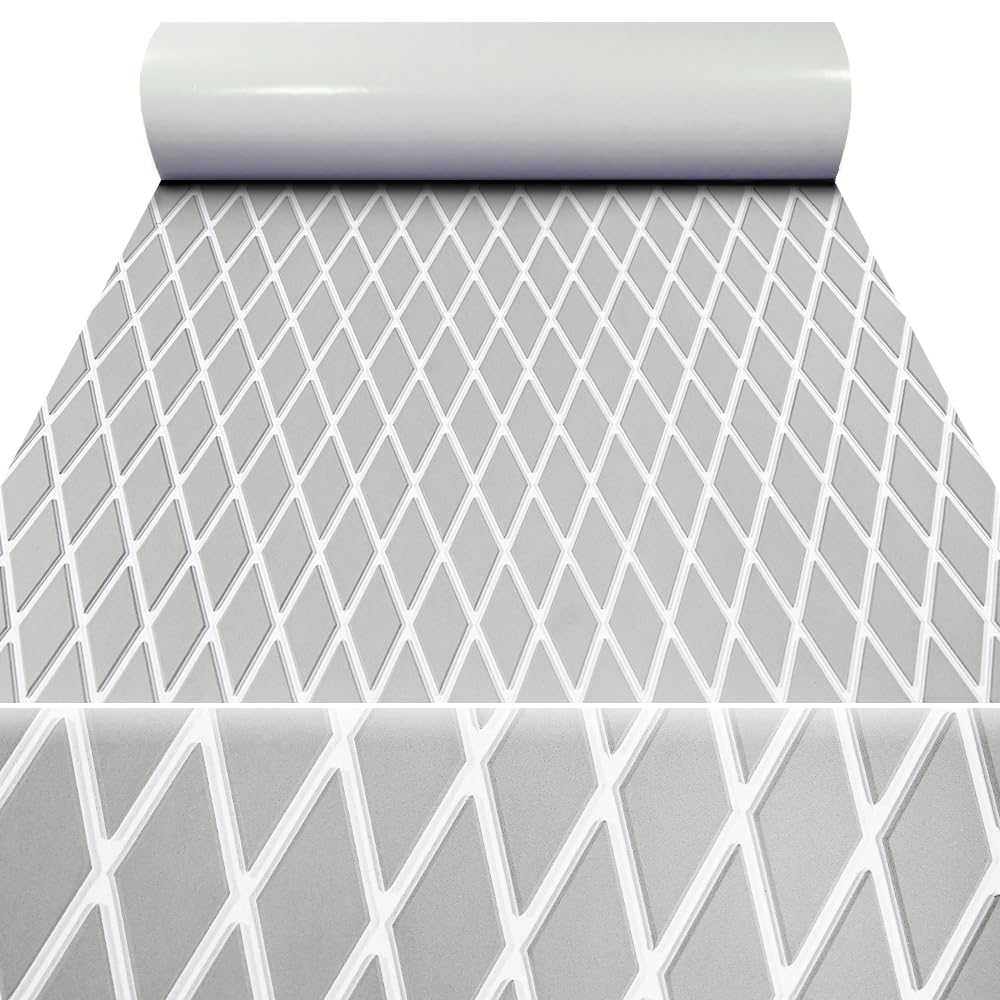 KT GuoMei 98.4"×45.2" Self-Adhesive Boat Flooring EVA Foam Boat Decking Sheet Non-Slip for Fishing Suitable for Yachts,Gardens,Kart,etc Diamond Pattern, Light Gray and White, 98.4" X 37.7"