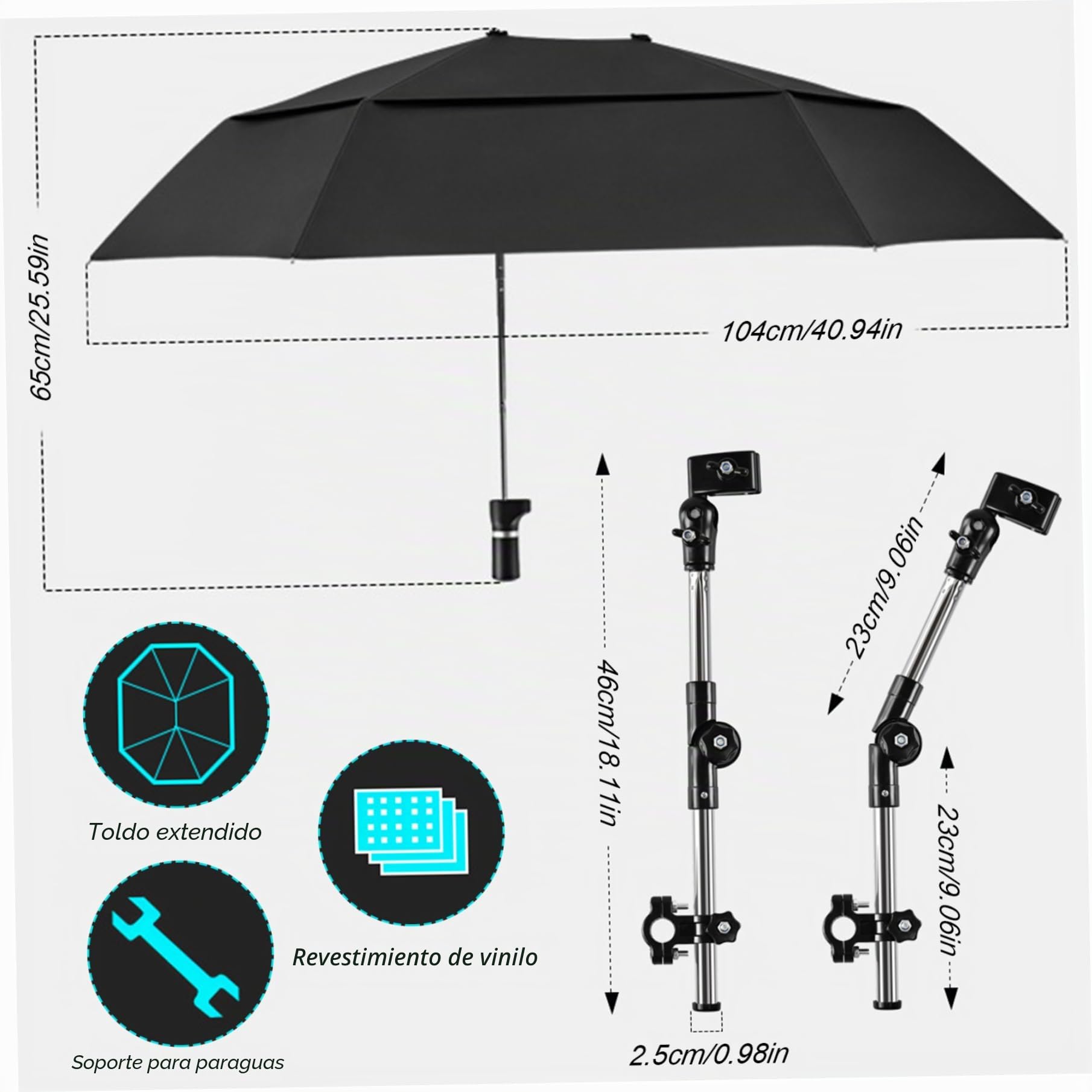 Paraguas para silla con abrazadera ajustable Protección contra la lluvia/UV Paraguas para silla de ruedas 40.9 Sombrilla extendida de doble cara para cochecito Bicicleta Sillas de playa Blanqueado.