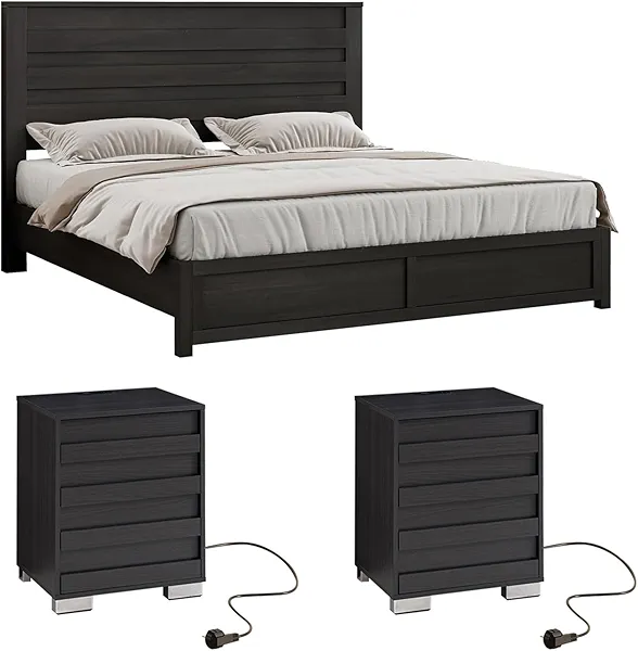LUXOAK 3 Pcs Bedroom Furniture Sets - Includes Farmhouse Queen Size Bed Frame with 49" Tall Headboard and Nightstand Sets of 2 with Charging Station, Slated Handles & Stainless Steel Feet, Black
