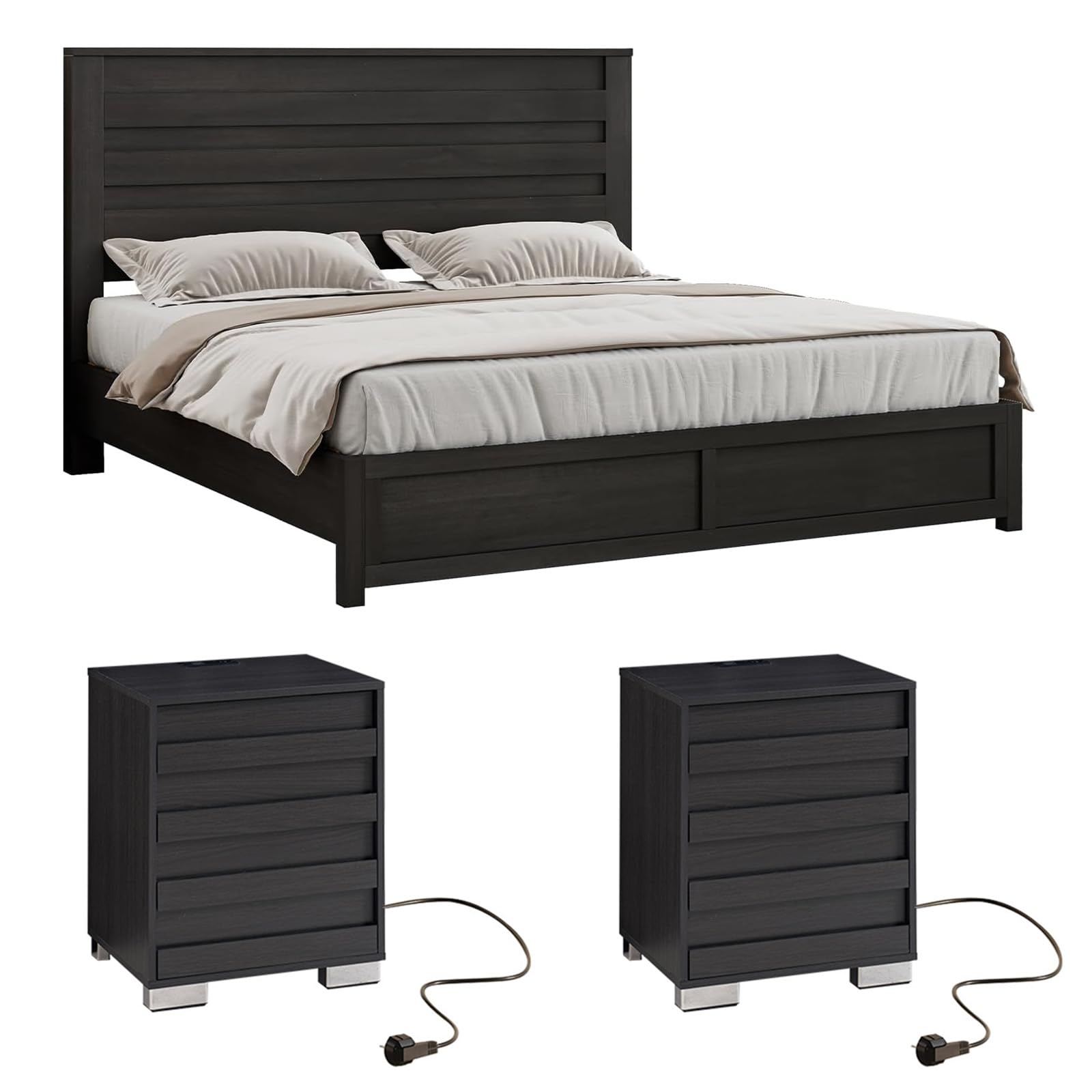 LUXOAK 3 Pcs Bedroom Furniture Sets - Includes Farmhouse Queen Size Bed Frame with 49" Tall Headboard and Nightstand Sets of 2 with Charging Station,
