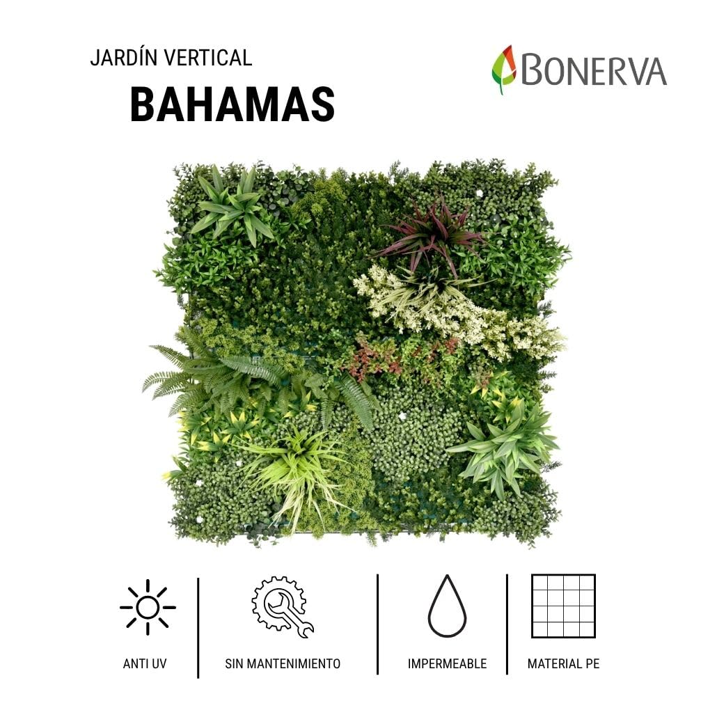 Bonerva Jardín Vertical Artificial Bahamas 3m², Pack 3 Paneles 100x100 cm, Muro Vegetal Verde Decorativo con Protección UV Interior Exterior