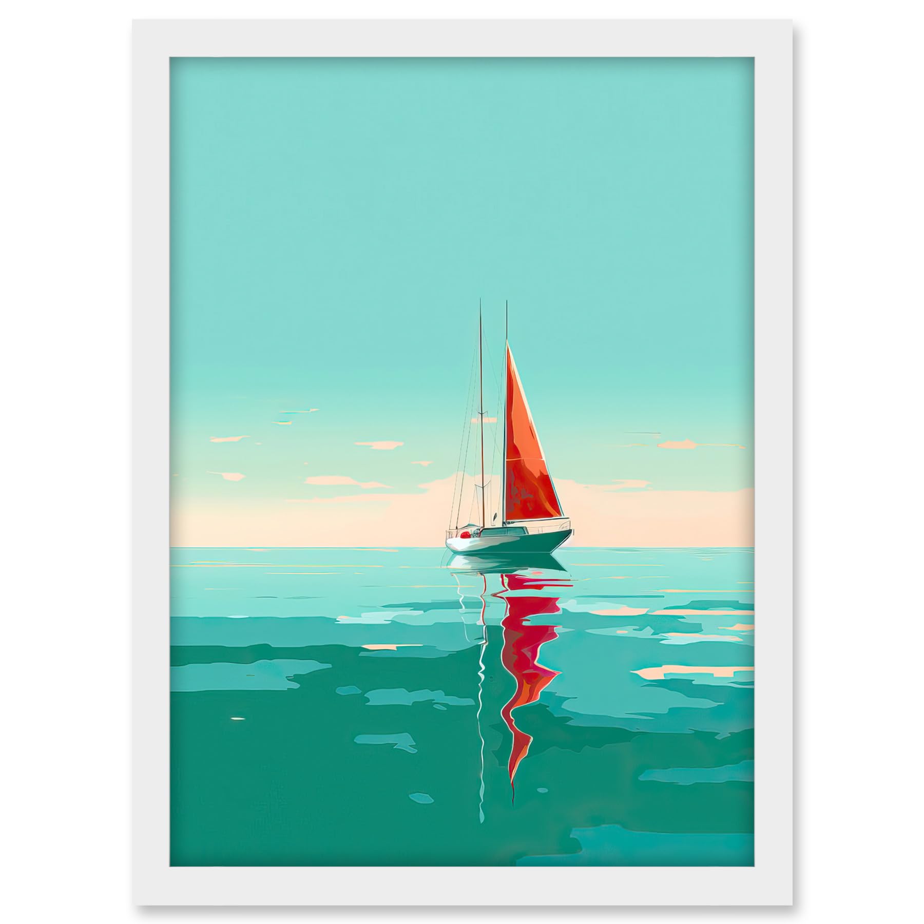 Artery8 A Sailboat with a Red Sail Sailing on a Calm Sea Artwork Framed A3 Wall Art Print