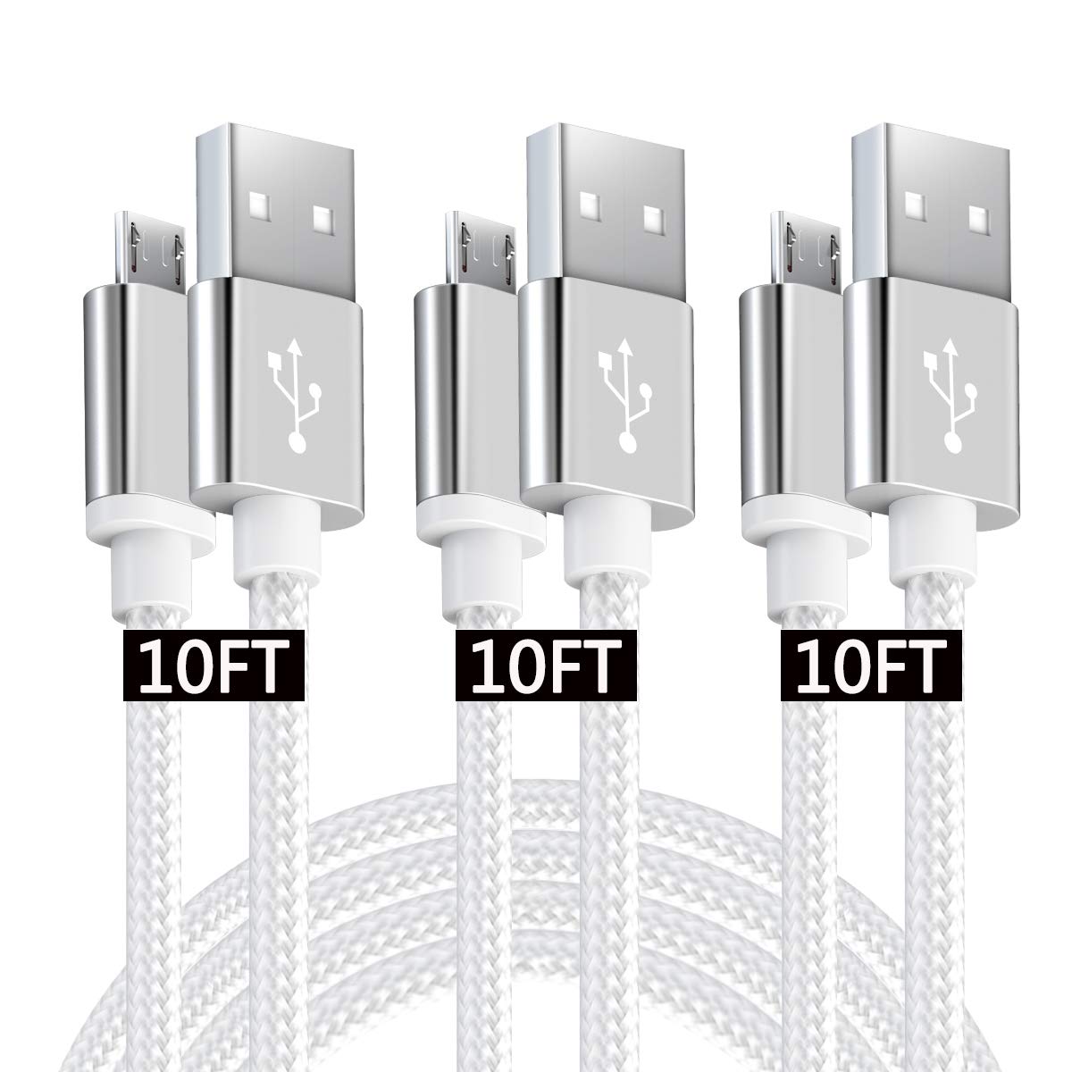 10ft Micro USB Charger Cable Android Fast Charging Cord Compatible for Samsung Galaxy S7 S6 Plus/Edge/Active J3 J5 J7 Prime/Star/Sky LG Stylo 2/3 G3 G4 V10 K20 K30 Moto E5 G5 3Pack Extra Long