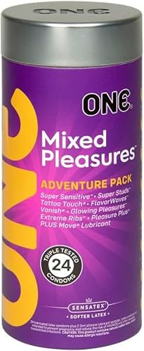 ONE Mixed Pleasures with Silver Lunamax Pocket Case, 5 estilos premium de preservativos de látex lubricado, 24 unidades