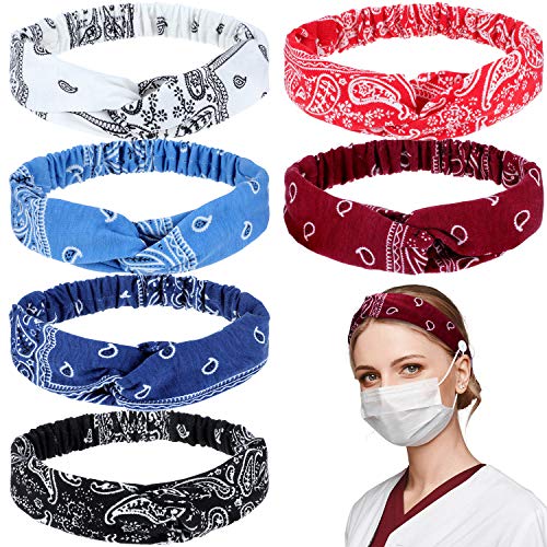 6 Pieces Button Headbands Boho Knotted Head Wrap Face Covers Holders Elastic Twisted Hair Bands for Nurses Doctors Hair Accessories