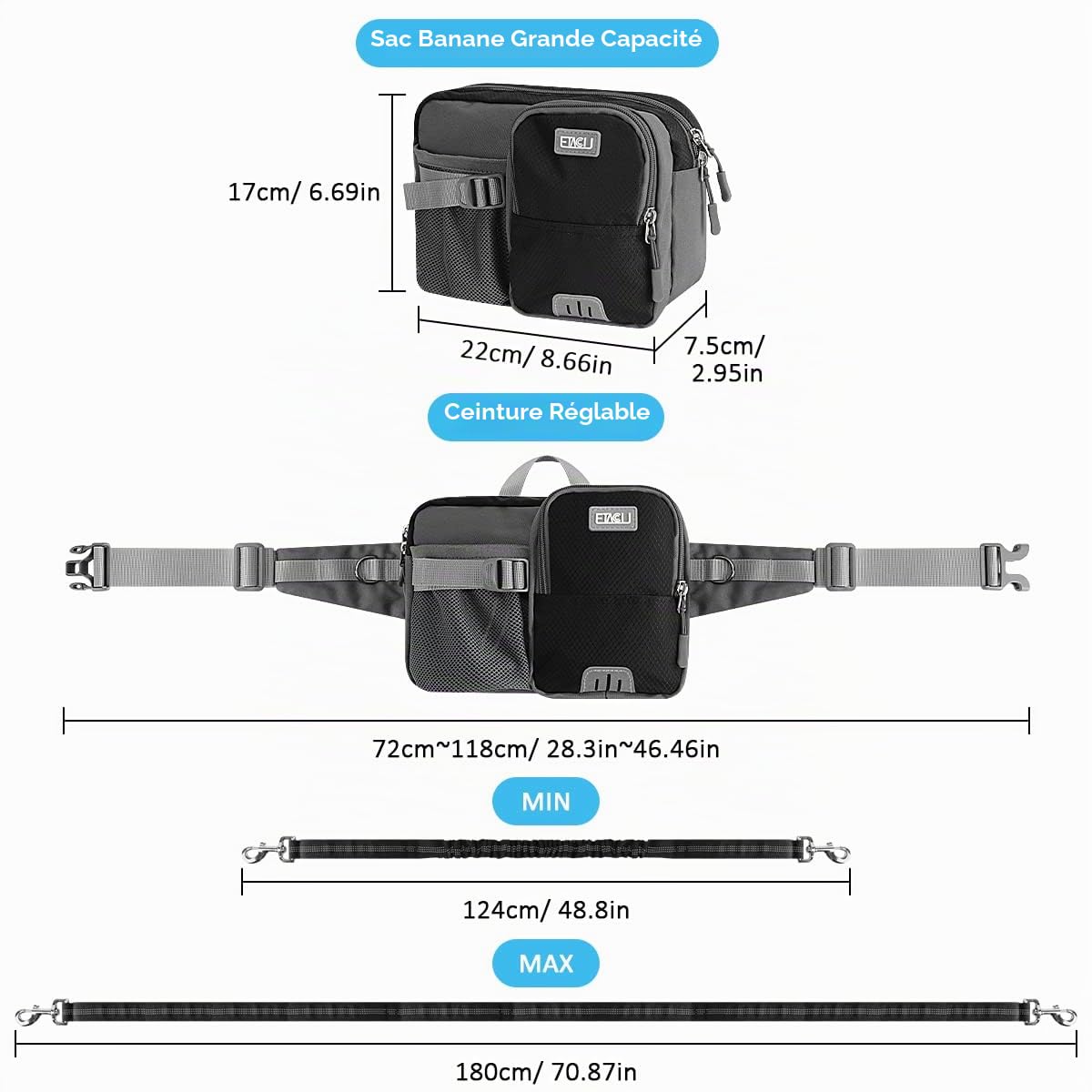 ETACCU Laisse Canicross Chien, Ceinture Canicross Chien avec Téléphone Portable, Porte-Bouteille d'eau, Anti-tirons, réfléchissant, Idéal pour Course à Pied, Jogging et Marche, 123-180 cm