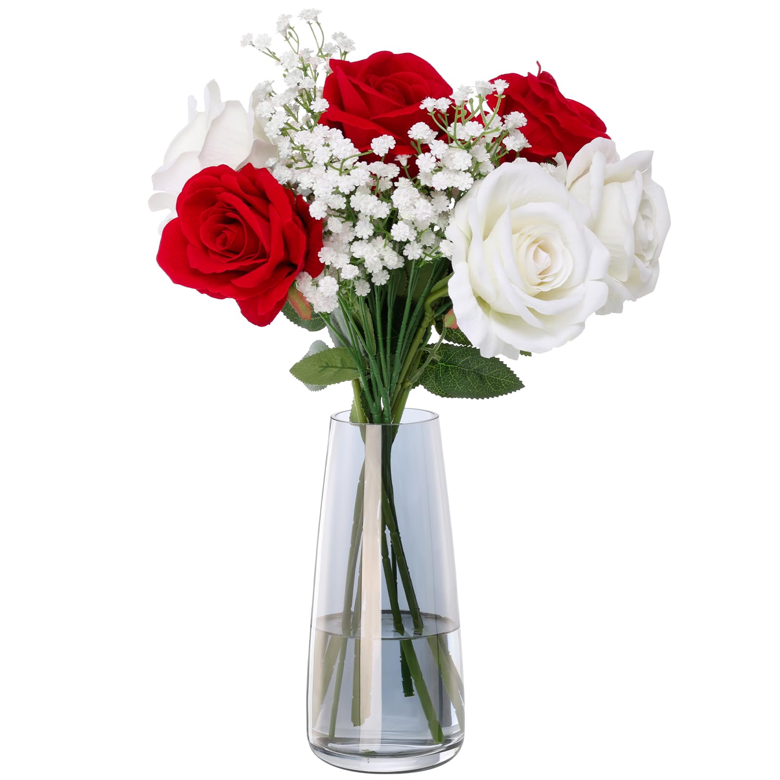 Heimera Fake Flowers with Glass Vase, Artificial Silk Roses Faux Flowers for Coffee Table Decor, Living Room Bathroom Plant Decor, Centerpiece Table Decorations