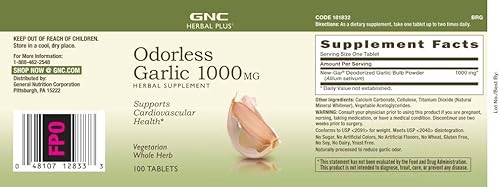 Miniatura 3 de GNC Herbal Plus - Super ajo inodoro de 1000 mg, 100 tabletas, apoya la salud cardiovascular