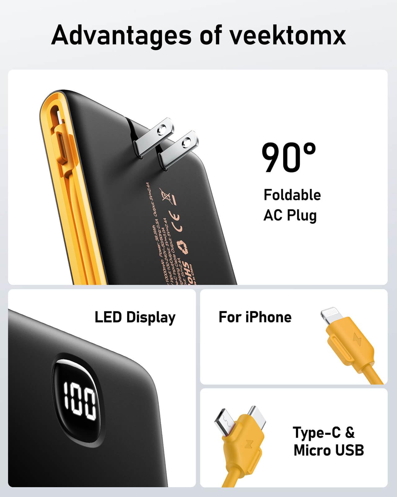 VEEKTOMX 10000mAh Portable Charger with Built-in Cables & Wall Plug view 8