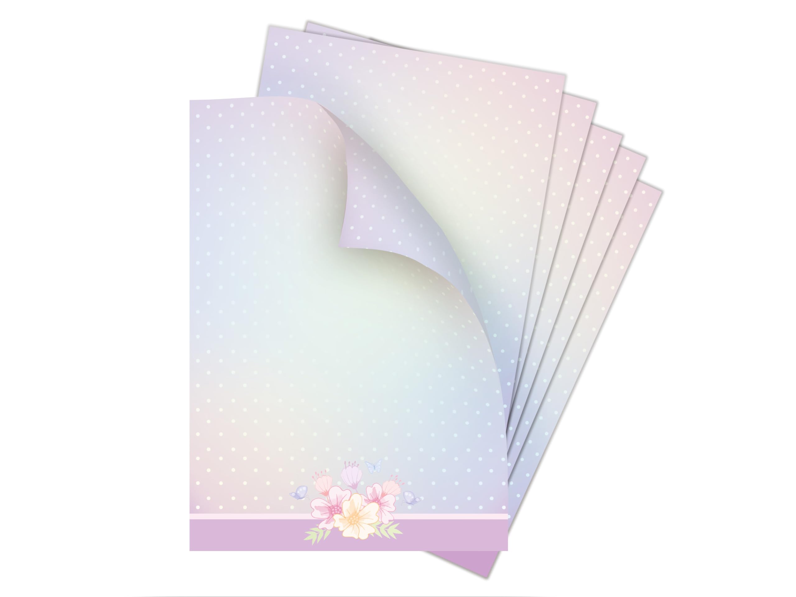 Briefpapier-Set 250 Druckerpapier DIN A4 + 250 Umschläge DIN-lang haftklebend Motiv Punkte lila beidseitig beschriftbar und bedruckbar für Einladung Briefpost Firmenpost Urkunde Zertifikate