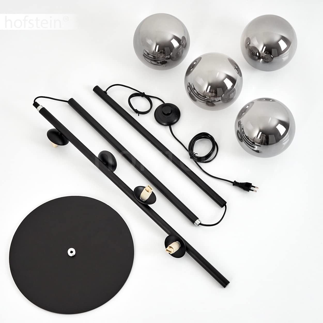 Stehleuchte Remaisnil, moderne Stehlampe aus Metall/Glas in Schwarz/Rauchfarben, moderne Bodenlampe im Retro/Vintage-Design mit Fußschalter am Kabel, 4-flammig, 4 x G9, ohne Leuchtmittel
