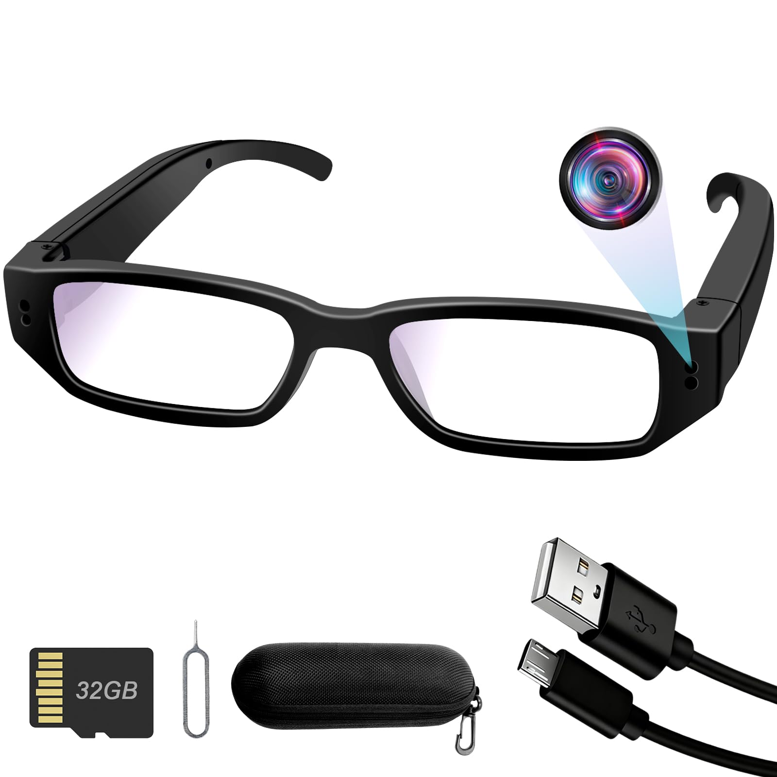 UYIKOO Telecamera Spia Occhiali, 32GB Telecamera Nascosta Bicchieri 1080P HD Spy Cam Invisibile Portatile Action Cam Microcamera Spia Registrazione Video Supporto Fotografia